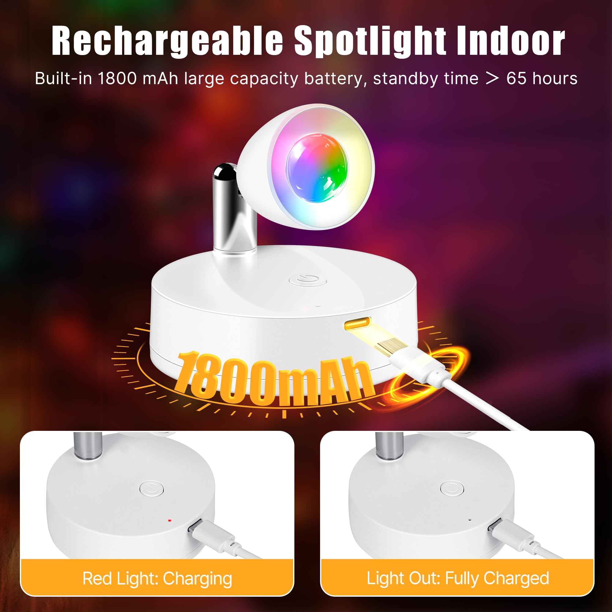 Destlife Rechargeable RGBW Spotlights - 4 Pack Wireless Indoor Accent Lights, Colorful Remote Control Uplights for Holiday Decor, Model AR0233B1