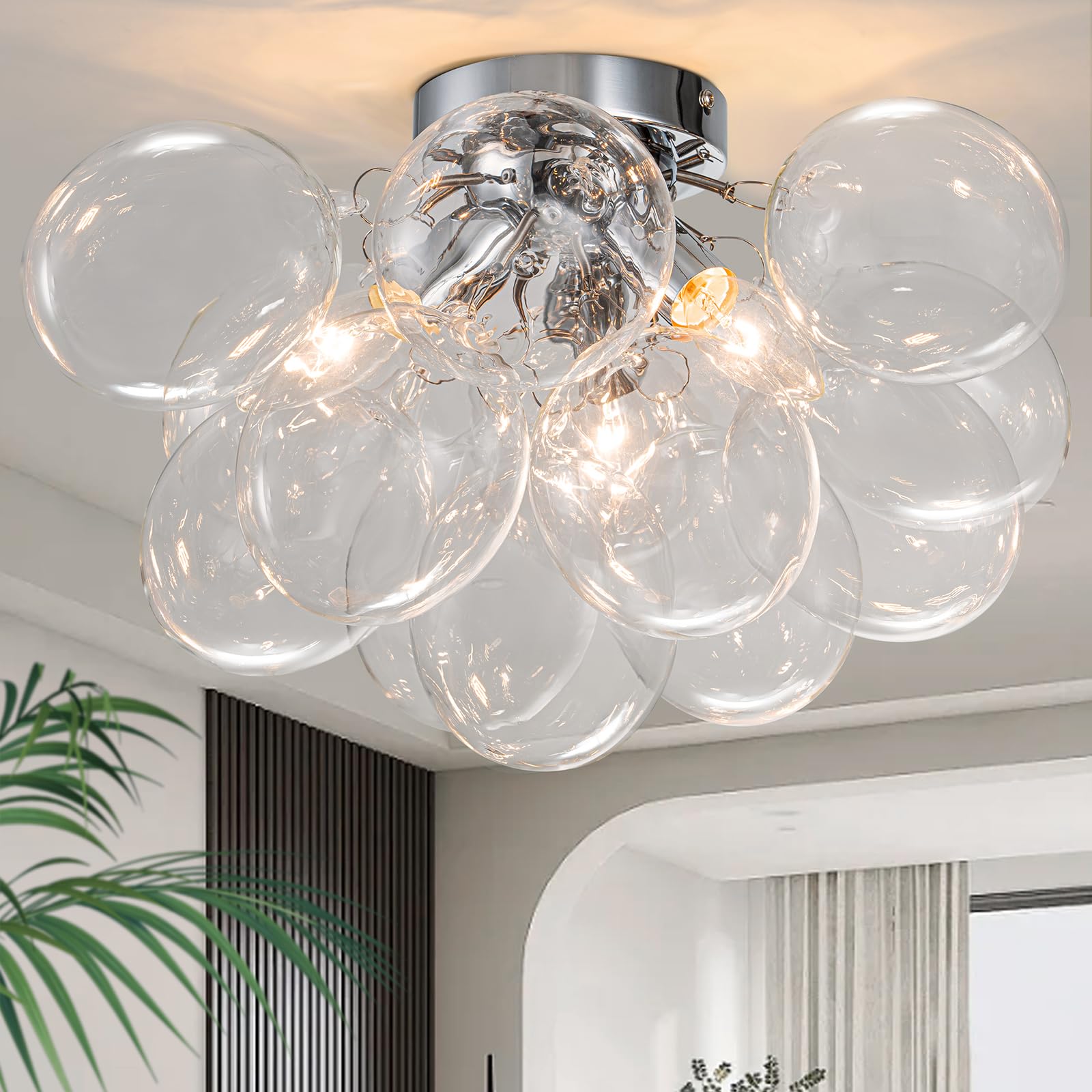 Goyeel Ceiling Light Chandelier Modern Kitchen Lights Ceiling Flush Mount Glass Bubble Chandelier Lighting 3 Light Entryway Light Fixture 17.72In 13 Globe For Bedroom Foyer Living Room