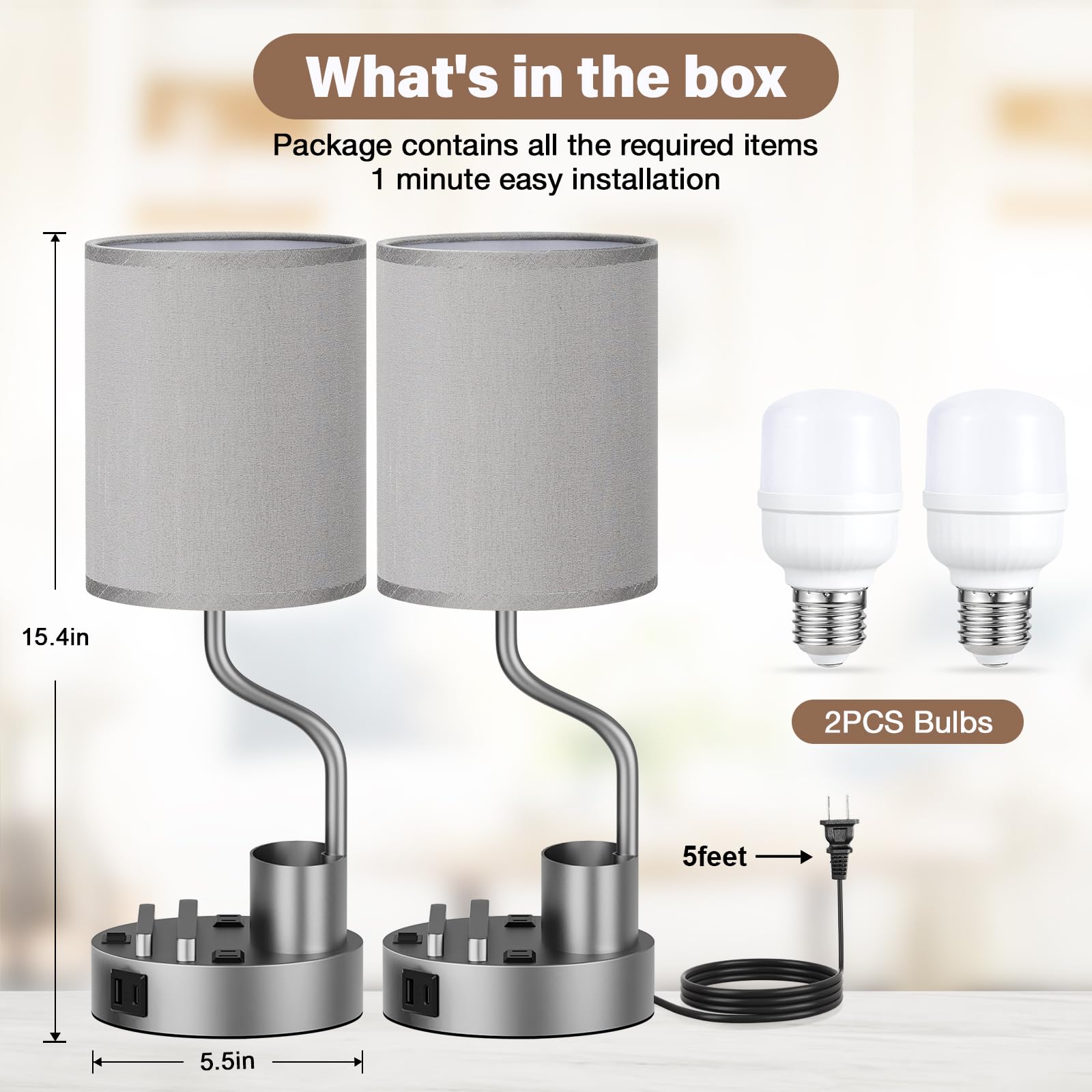 Grey Bedside Table Lamps For Bedroom Set Of 2 - Nightstand Light With Ac Outlet And Usb A & C For Charging, 3 Color Temperatures