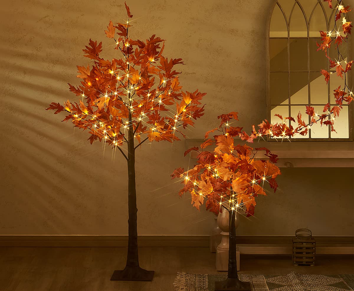 Hairui Lighted Maple Leaf Garland - 6Ft, 24 Warm White Leds, Battery Operated, Orange Maple - Perfect For Thanksgiving And Christmas Decor