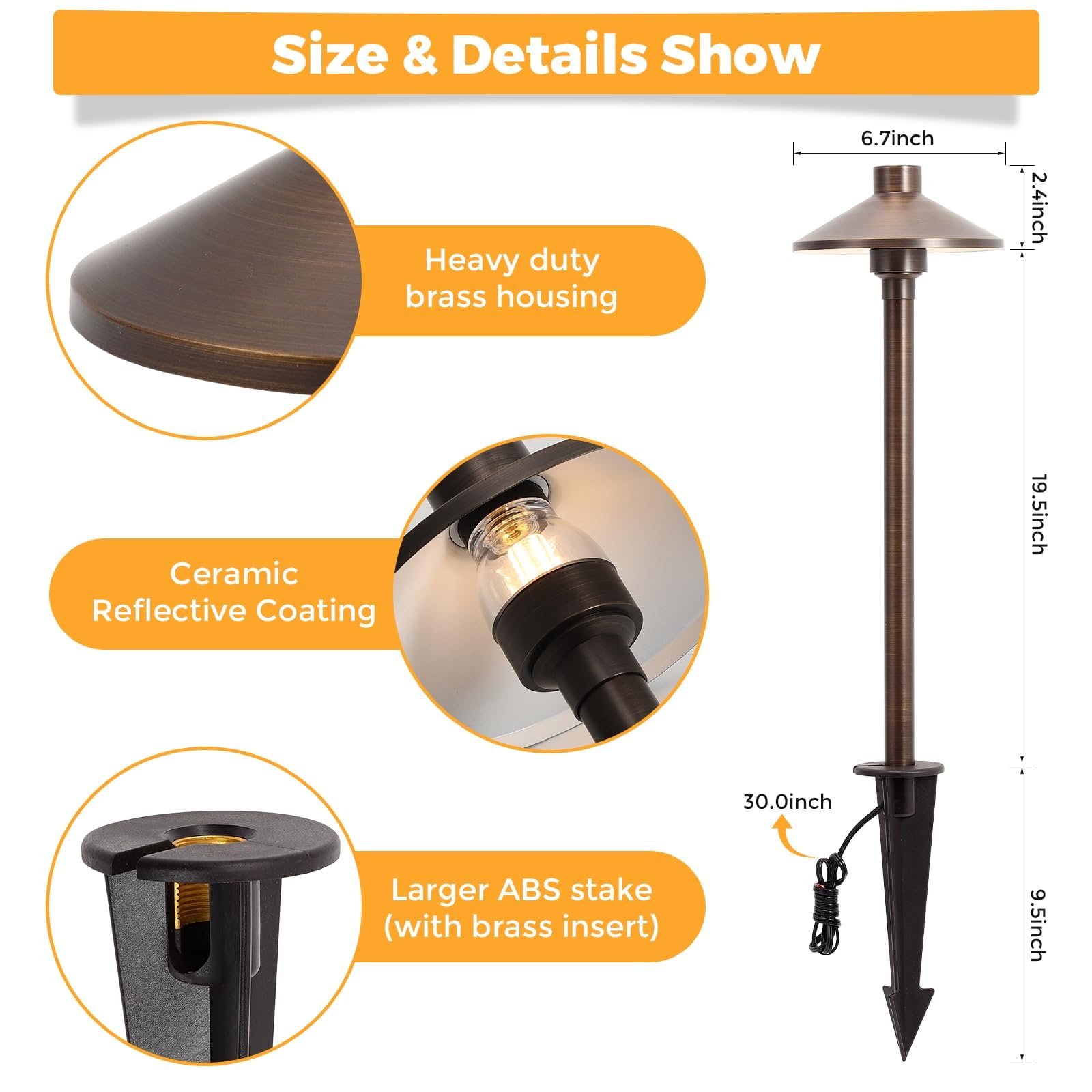 Gardencoin Solid Brass Low Voltage Pathway Lights (6.7'' Shade, 21.9'' Tall), 12V Ac/Dc Heavy Duty Led Landscape Path Lights Outdoor Wired, Antique Bronze Walkway Lights With Larger Stake, 4-Pack