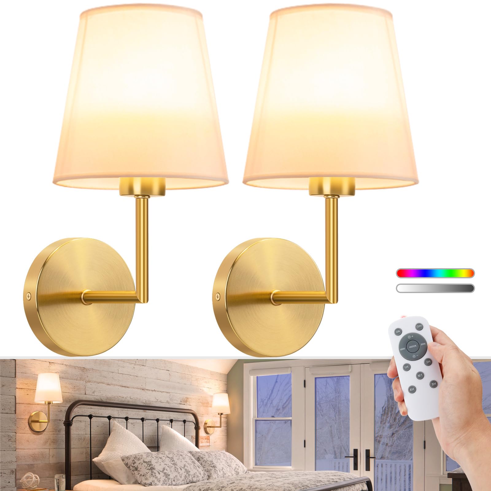 Volisun Battery Operated Wall Sconce Set Of Two,Gold Wireless Sconces With Romote And Rechargeable Bulbs,9 Colors Indoor Wireles
