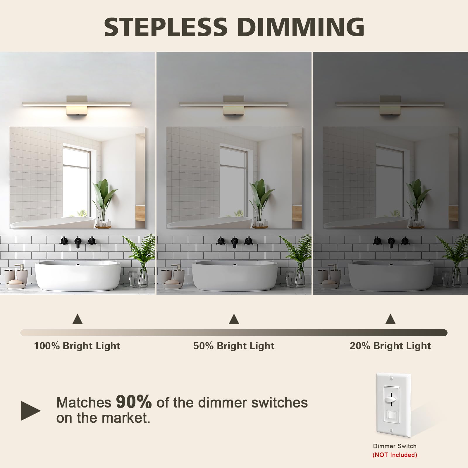 JUSHENG Vanity Light Bar, 24W Dimmable LED, Brushed Nickel, 24in  Long, ETL Certified, Model 6330