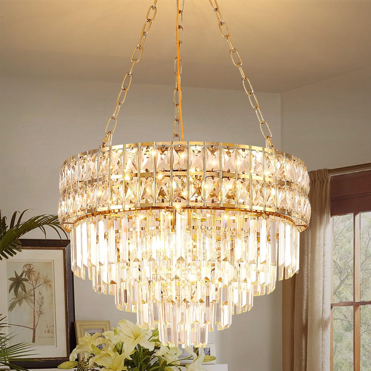 AOOCHOK Modern Crystal Chandelier Gold Finish Light Fixture  Round Crystal Pendant Light Hanging Lamp  for Living Room  Dining Room  Restaurant  E12 x 11  21.5 inch(V Shape)