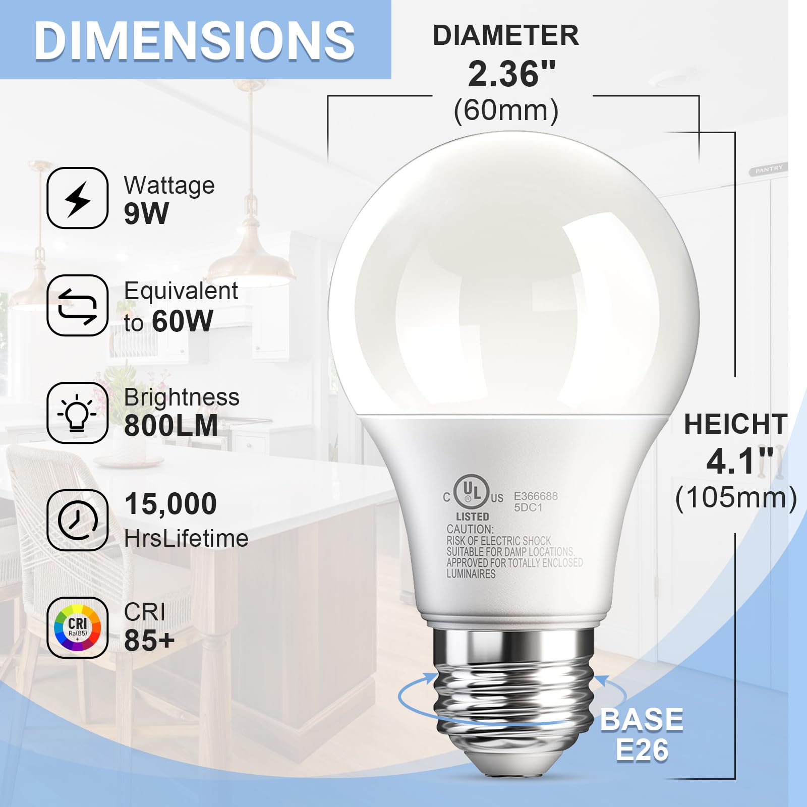 Volivo 12 Pack A19 Led Light Bulbs, Daylight 5000K, 9W(60 Watt Equivalent), 800 Lumens, 120V, E26 Standard Base, Non-Dimmable Le