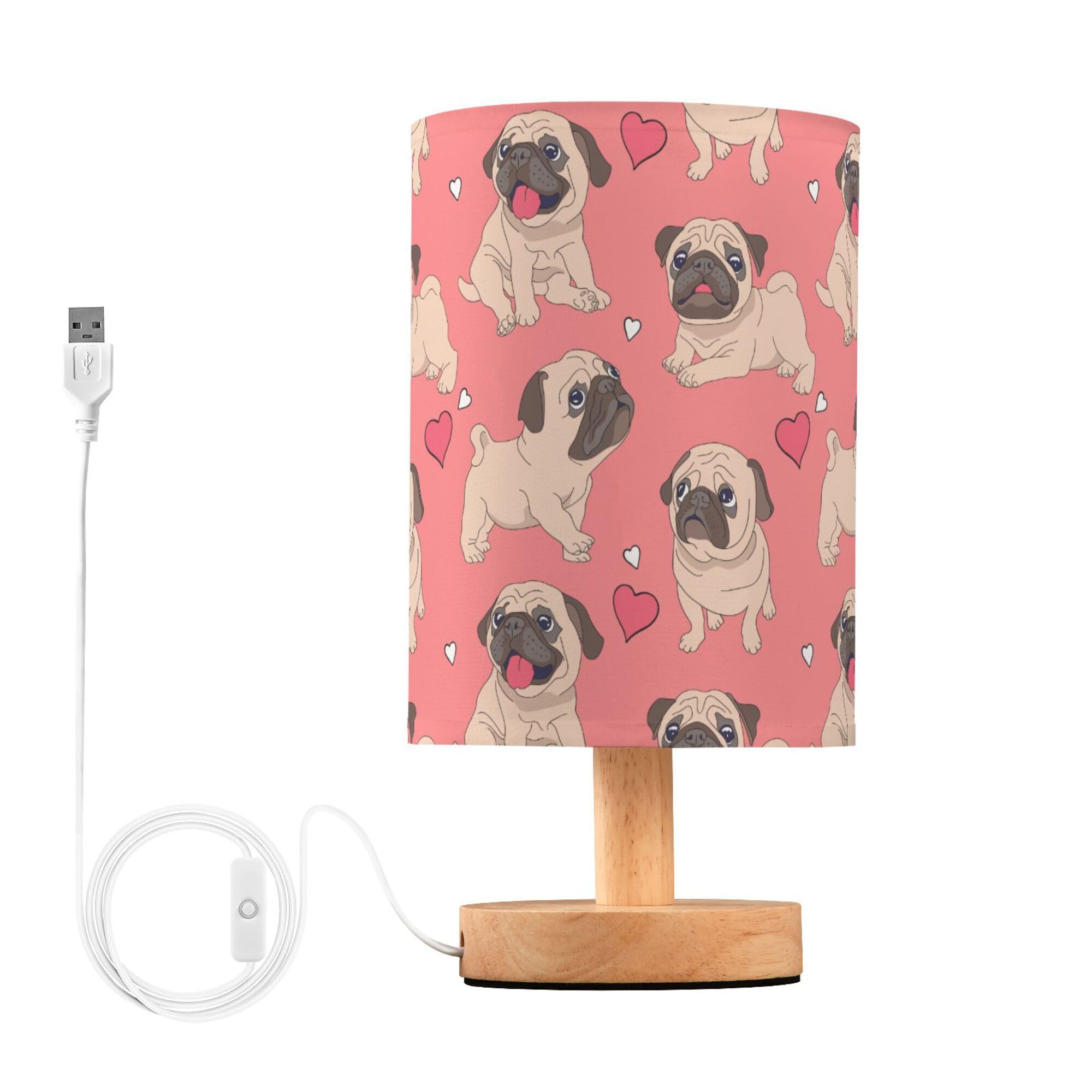YYZZH Table Lamp Pugs Puppy Heart on Pink Nightstand Lamp with Wood Base Fabric Lamp Shade Bedside Desk Lamp for Living Room Bed