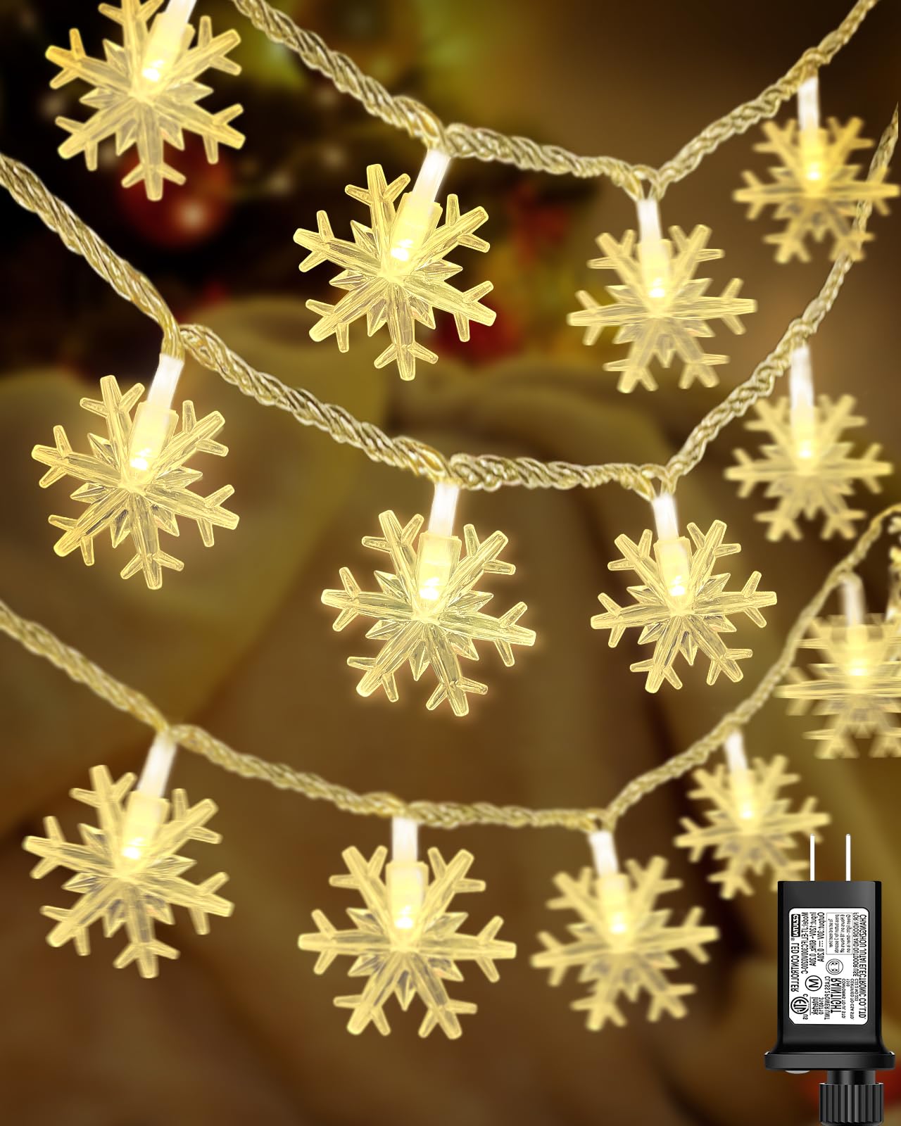 Christmas Snowflake String Lights Outdoor, 100 LED 49FT Icicle Lights Waterproof with 8 Modes Timer Xmas Decorations, Plug in Fairy Lights for Curtain, Eaves, Window, Tree, Garden, Yard- Warm White