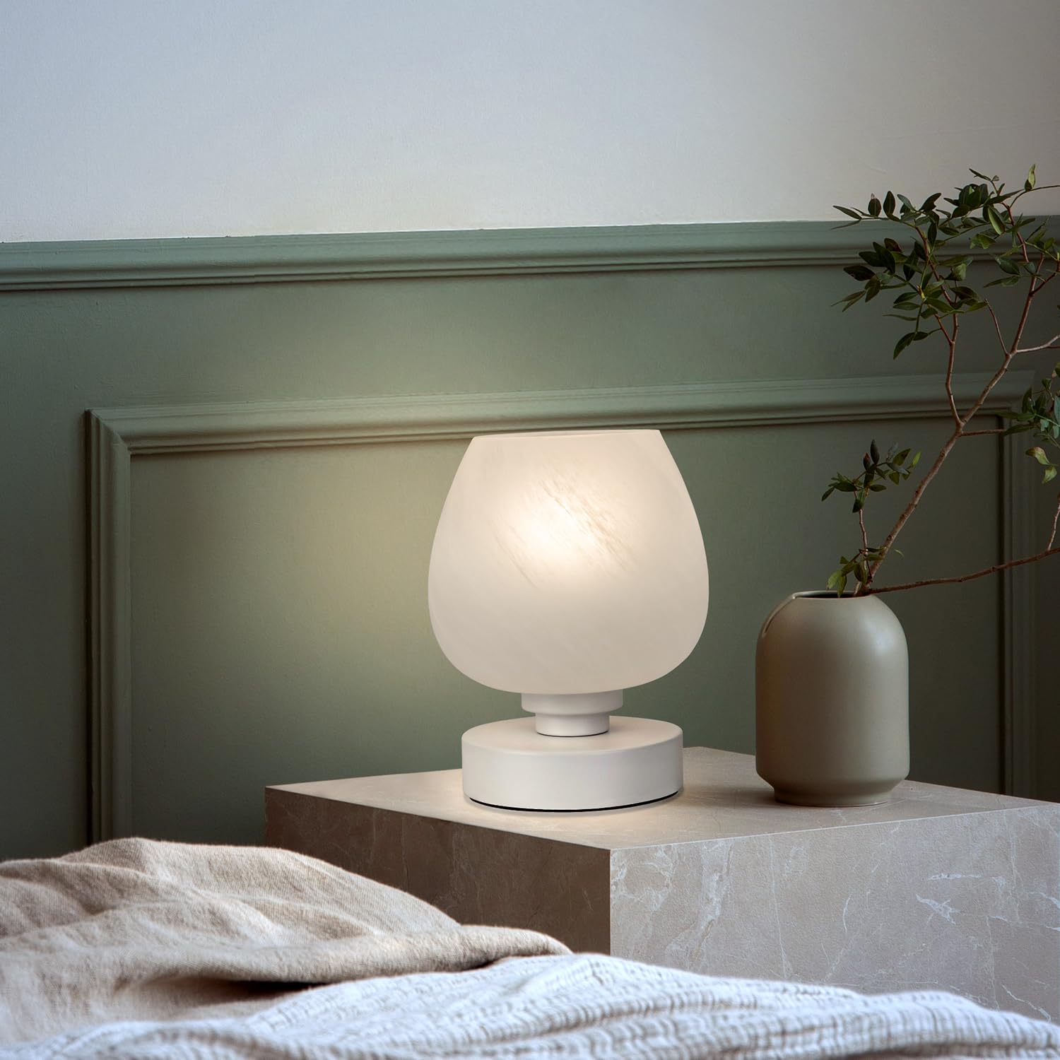 Soilsiu Bedside Table Lamp - Touch Control, 3-Way Dimmable, Metal, White Opal Glass Shade, Warm LED Bulb Included, Model GL-002