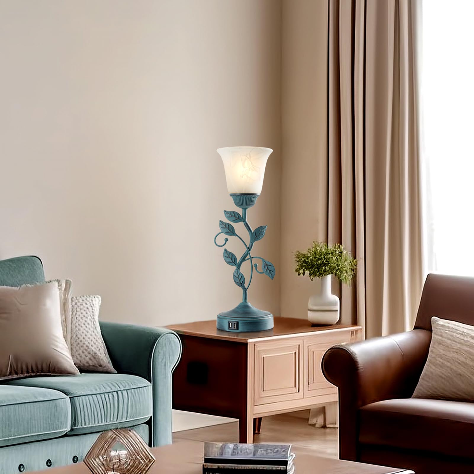 RORIANO Vintage Touch Table Lamp, 3-Way Dimmable, USB Ports, Retro Green, Model LM-8902, Glass Shade, Ideal for Living Room or Bedroom