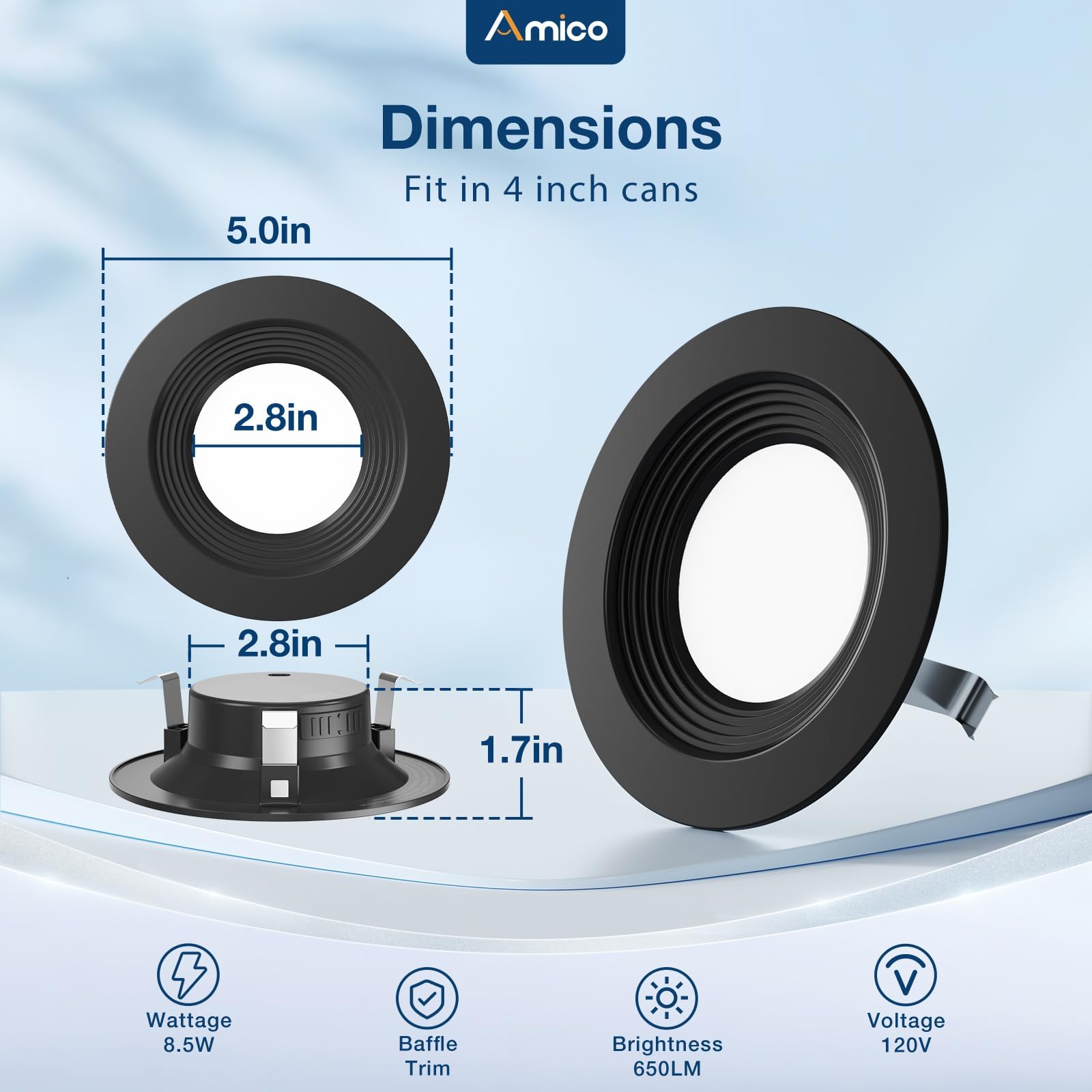 Amico 4 Inch 5Cct Led Recessed Lighting 12 Pack, Dimmable, Damp Rated, 9W=60W, Can Lights With Baffle Trim, Retrofit Installatio
