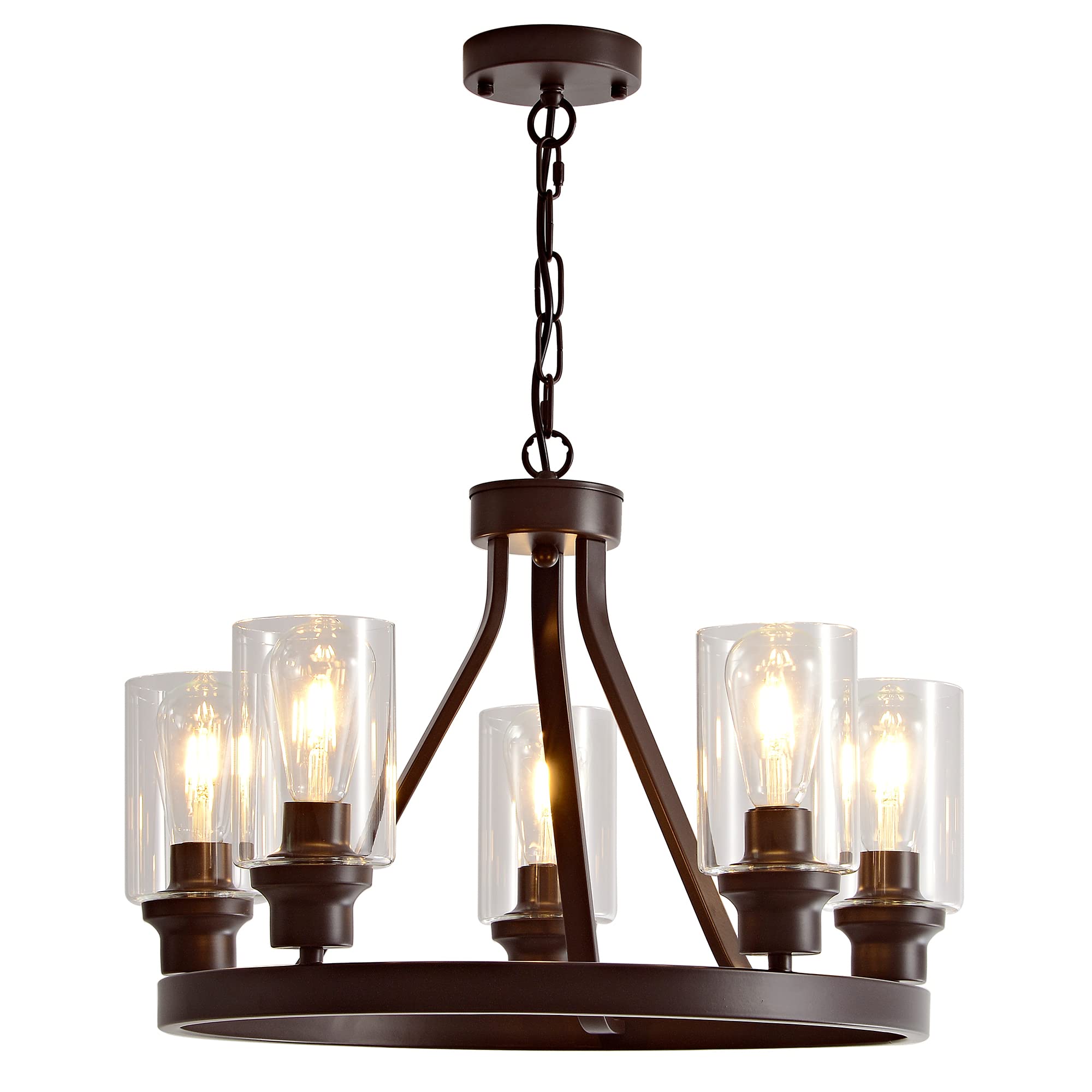 Sivilynus Farmhouse Chandelier Lighting Round 5 Lights Oil Rubbed Bronze with Glass Shade Ceiling Hanging Vintage Rustic Light F