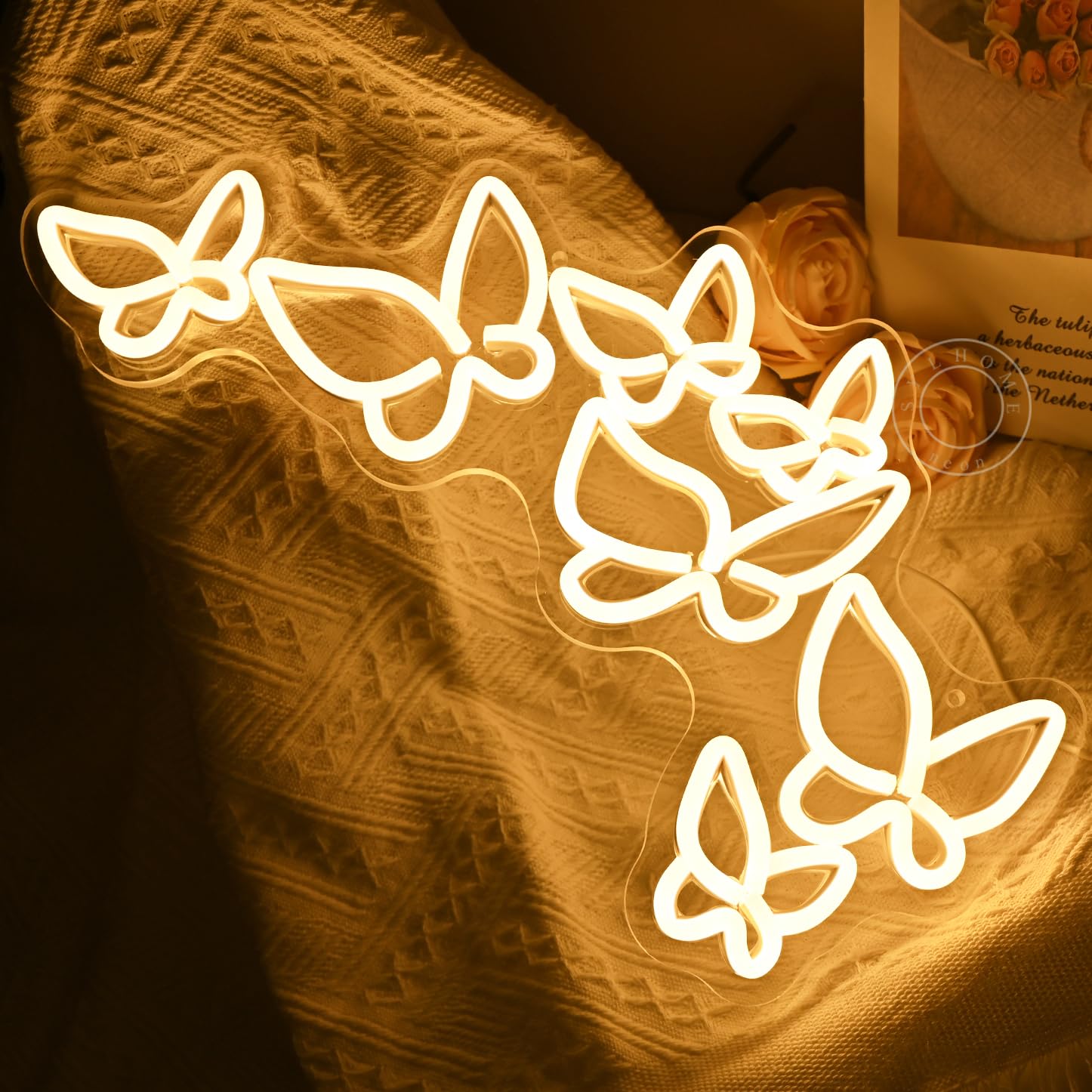 SYLHOME Butterfly LED Neon Light Sign - Warm White Acrylic - 16.5in X 8.9in - Ideal for Kids Bedroom, Living Room, Wedding, and Parties