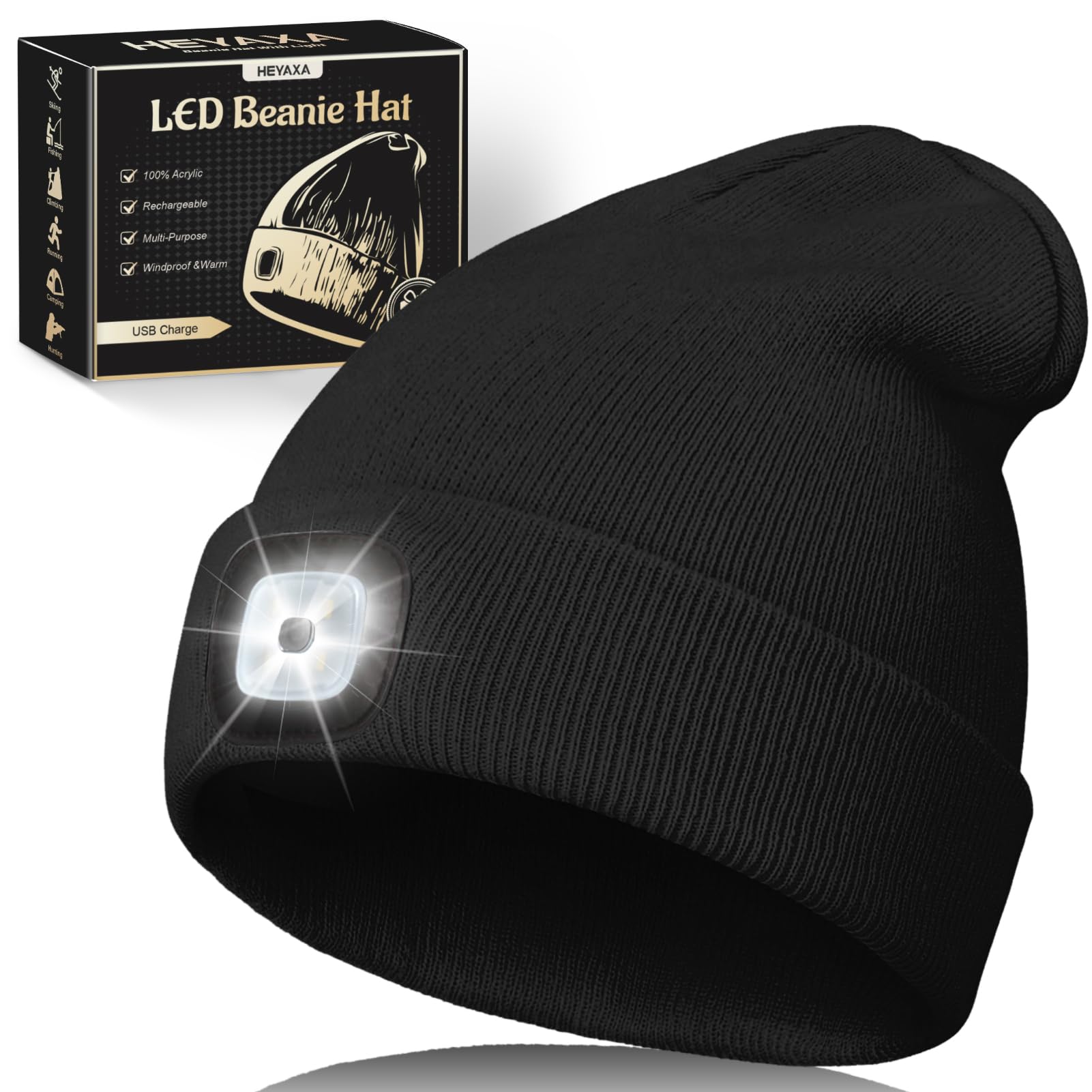 HEYAXA UniGender LED Beanie with Light  Rechargeable Headlamp Hat  Stocking Stuffers Christmas Gifts for Men  Warm Knitted Cap White Elephant Gifts for Dad For Mature Userss Teens Men Women Him