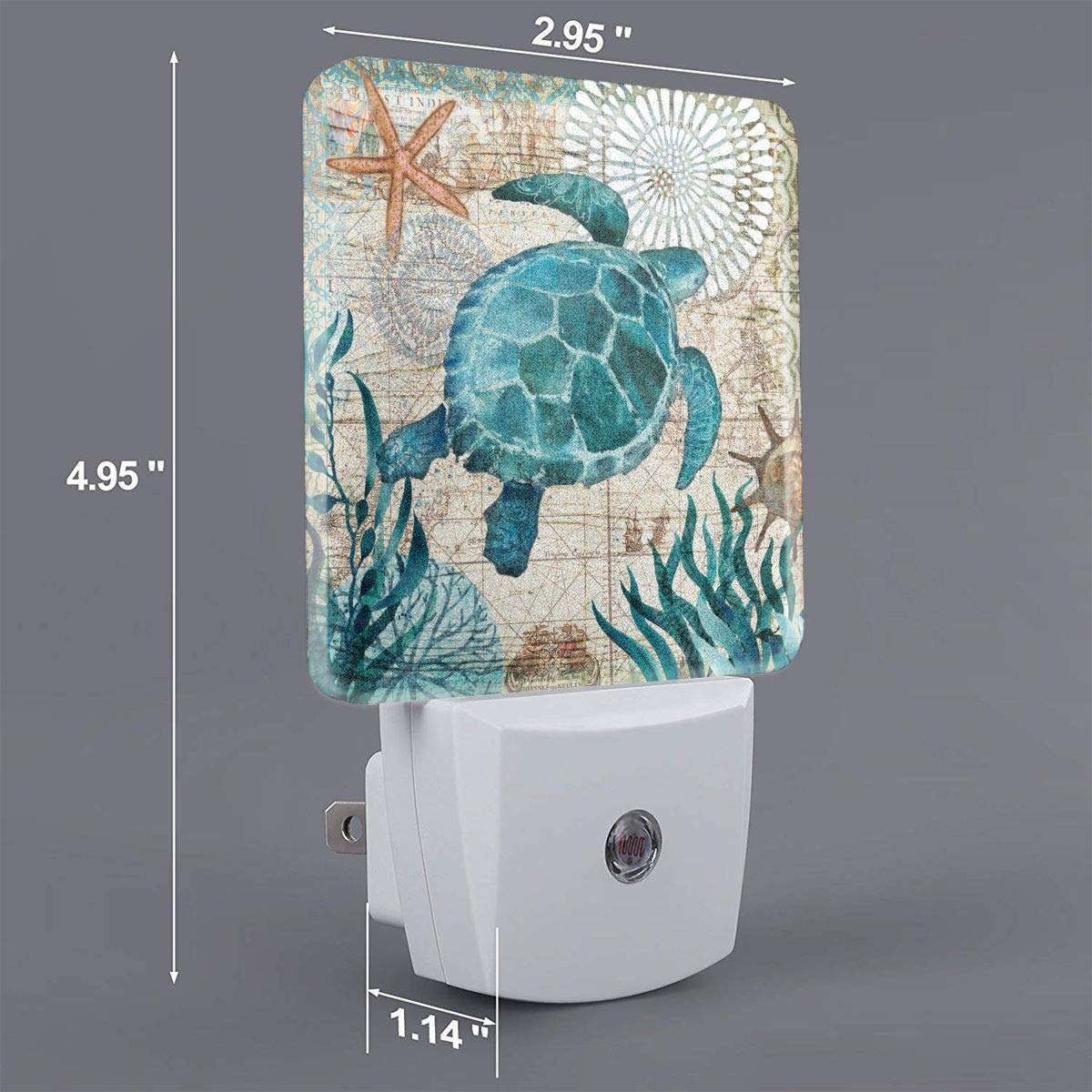Aieefun Set Of 2 Led Night Lights, Vintage Ocean Turtle Starfish World Map Auto Dusk-To-Dawn Sensor Night Lamp Plug-In Home Decorative For Adult