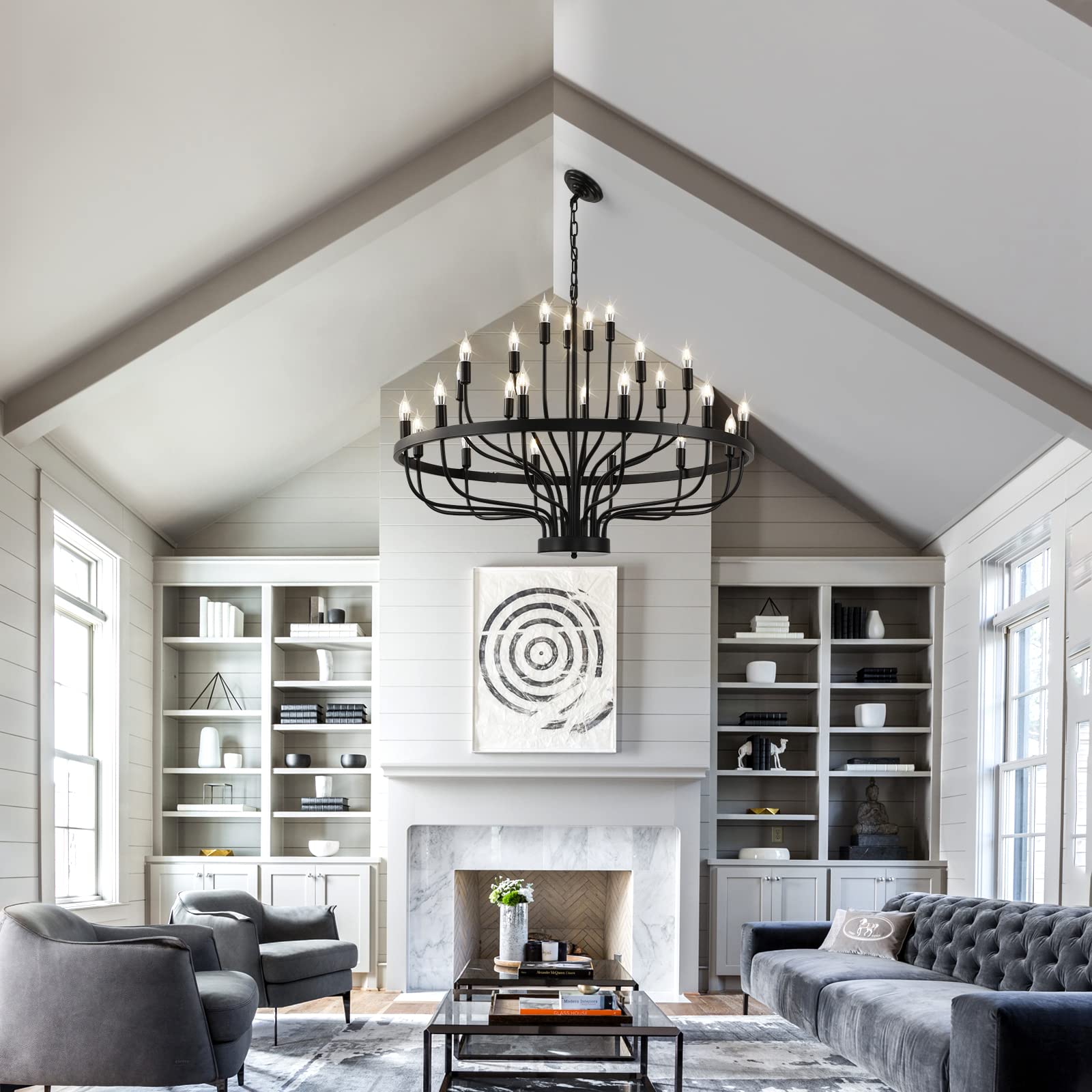Shandaglo Black 24-Light Modern Farmhouse Chandelier, 39in Round Industrial Candle Wagon Wheel for Dining Room, Foyer, Living Room