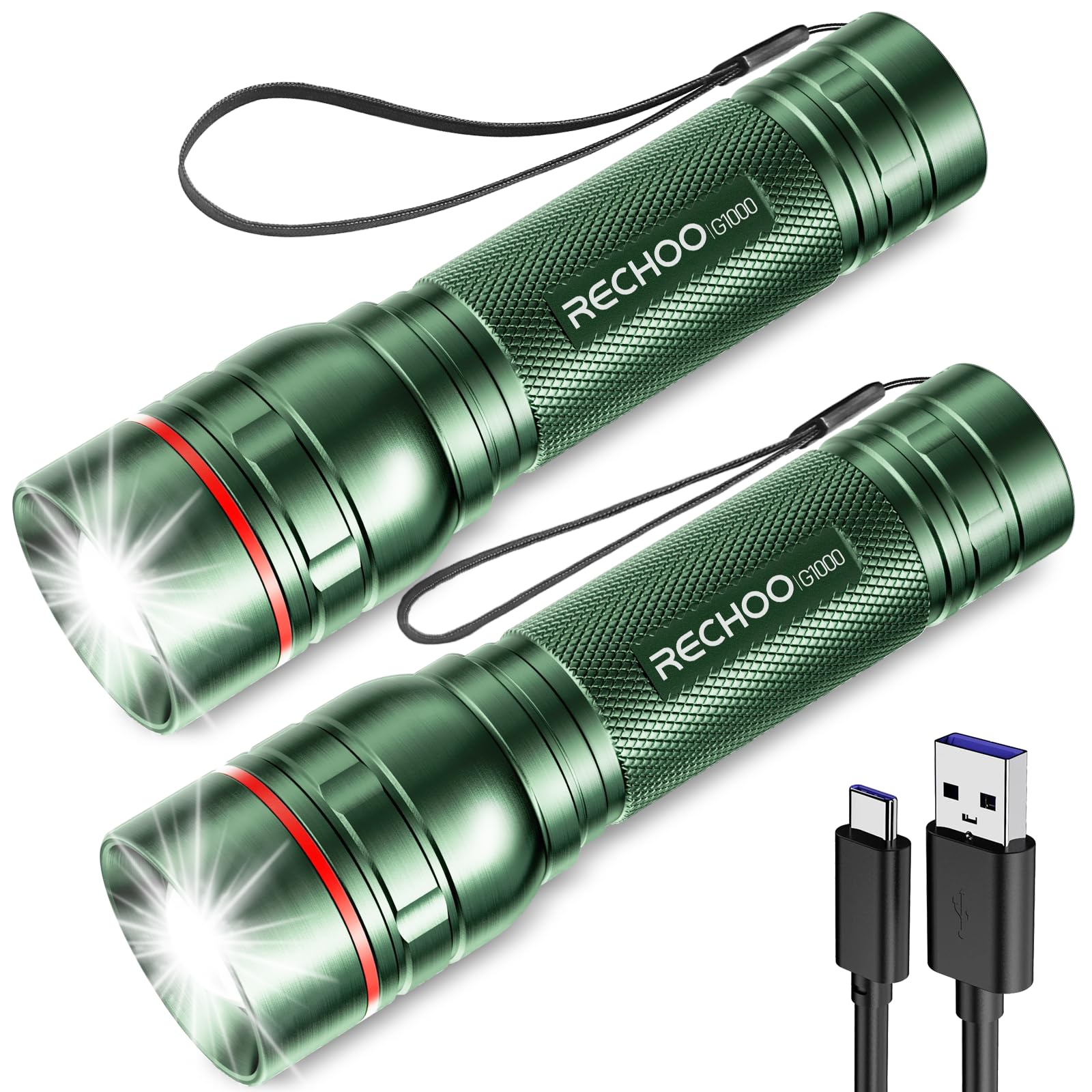 Rechargeable Flashlights High Lumens  G1000 Super Bright Flash Light 2 Pack  Small Zoomable LED Flashlight with 3 Lighting Modes  Portable Flashlight for Camping Essentials (Battery Included)-Green