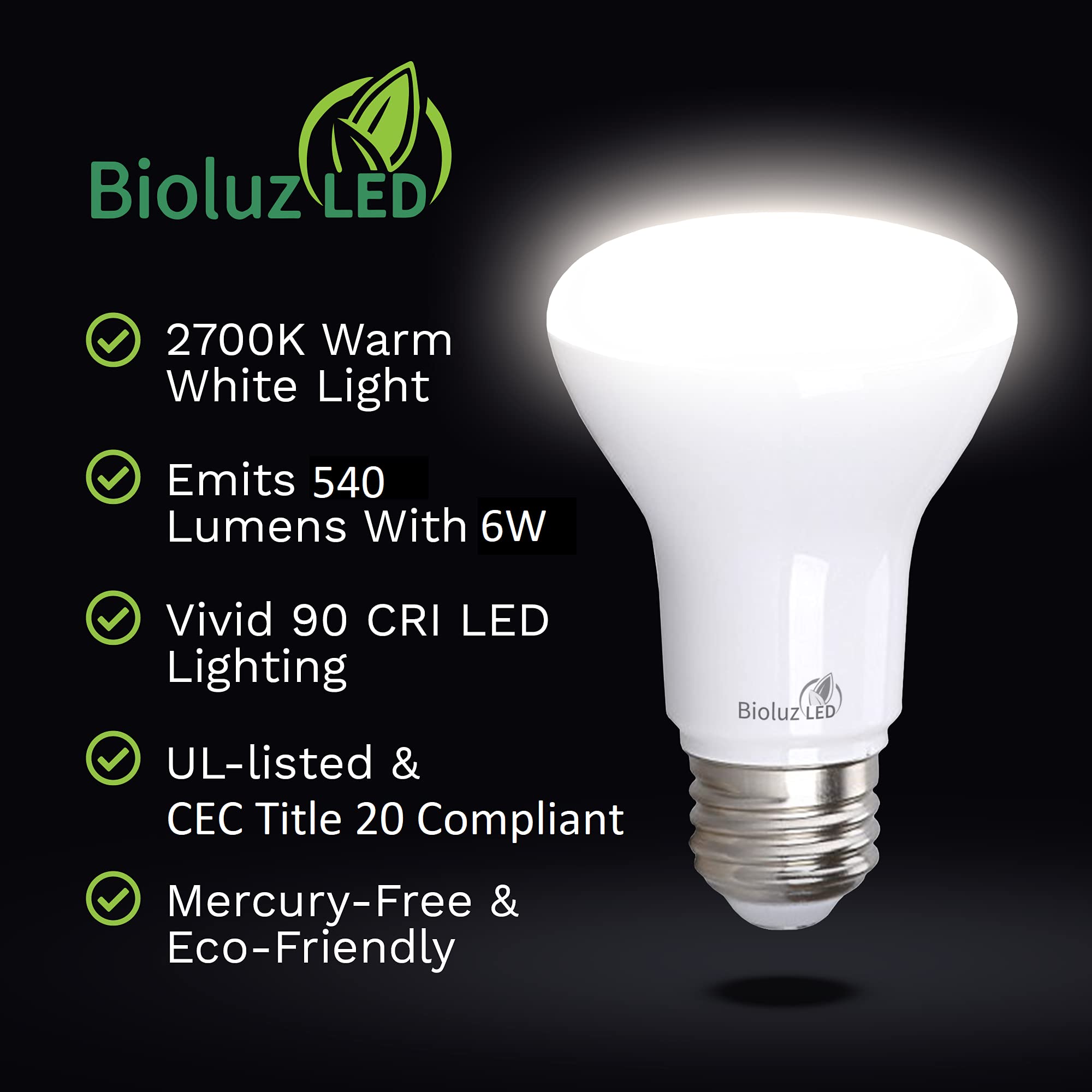 Bioluz Led 20 Pack Br20 Led Bulb 2700K Warm White 6W = 50 Watt Replacement 90 Cri 540 Lumen Indoor/Outdoor Ul Listed Cec Title 20 Compliant (Pack Of 20)