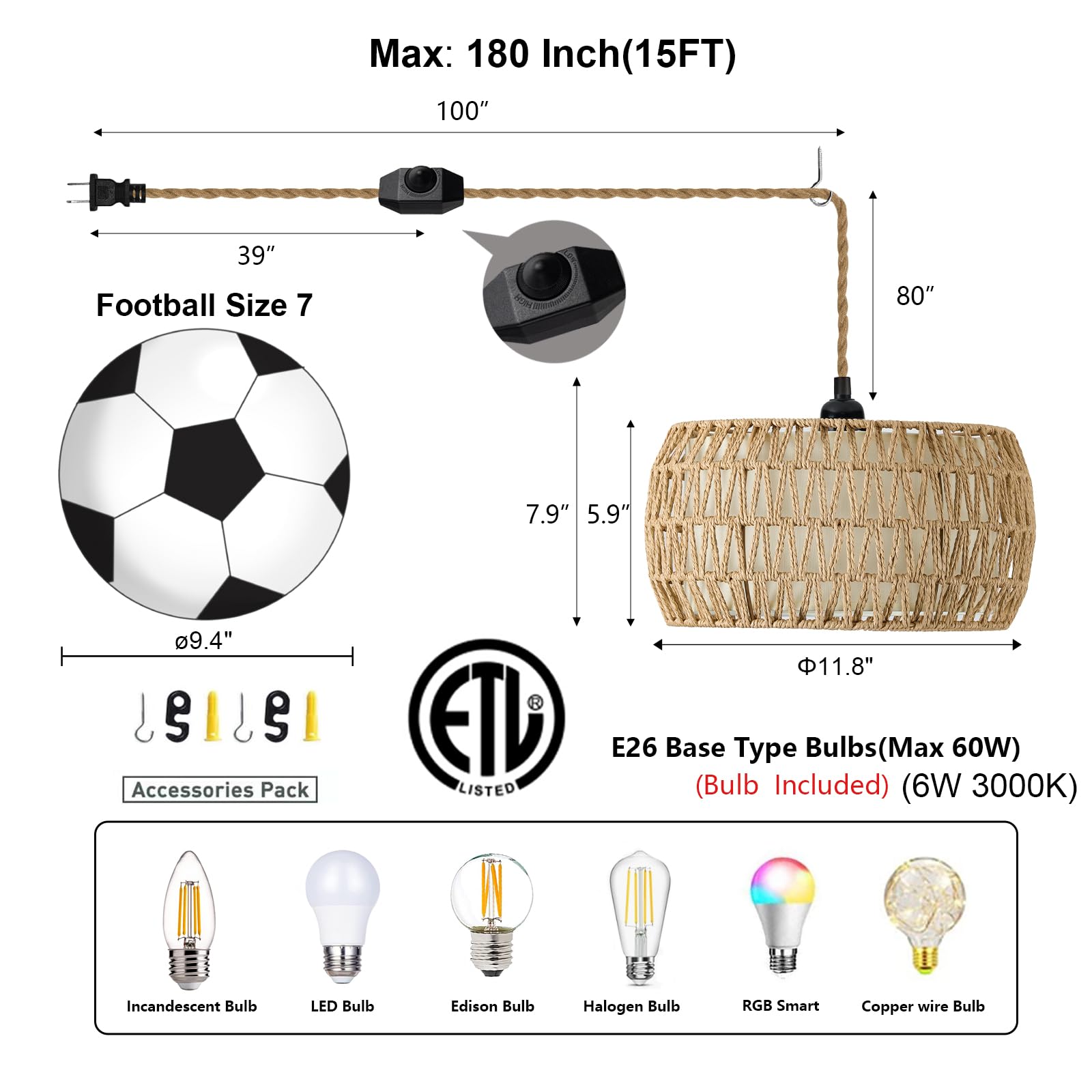 Alaislyc Boho Rattan Pendant Light Fixture - 12&quot; Rustic Wicker Chandelier For Home Decor