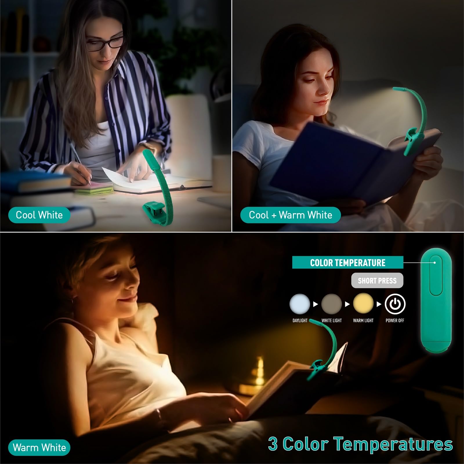 Radixium Rechargeable Book Reading Light At Night In Bed, Eye Caring 9 Led With 9 Color Temperatures, Stepless Dimming Brightnes