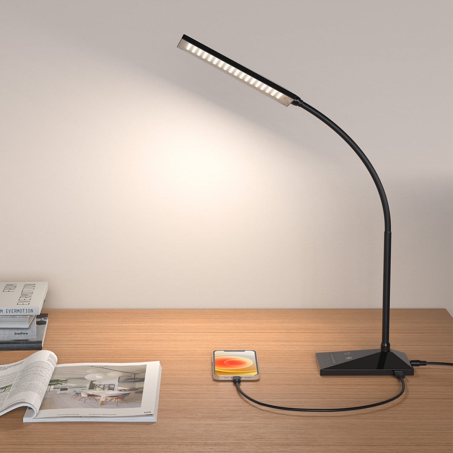 Raoyi Led Desk Lamp, 12W Dimmable Touch Control, 5 Modes, Usb Charging, Eye-Caring, Black