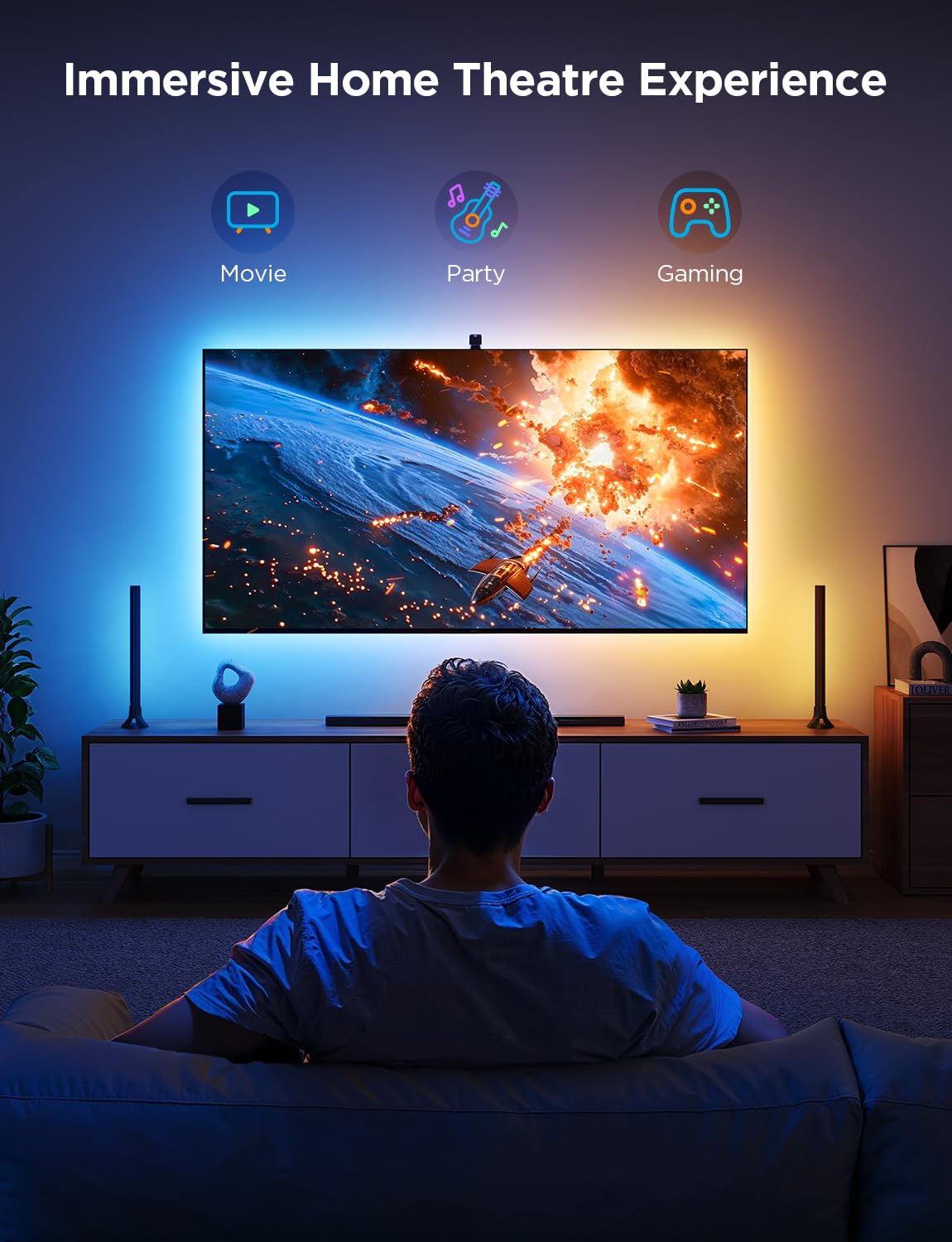Back Light 3line Govee TV Backlight 3 Lite Kit, 11.8ft RGBICW Wi-Fi TV LED Strip Lights ...