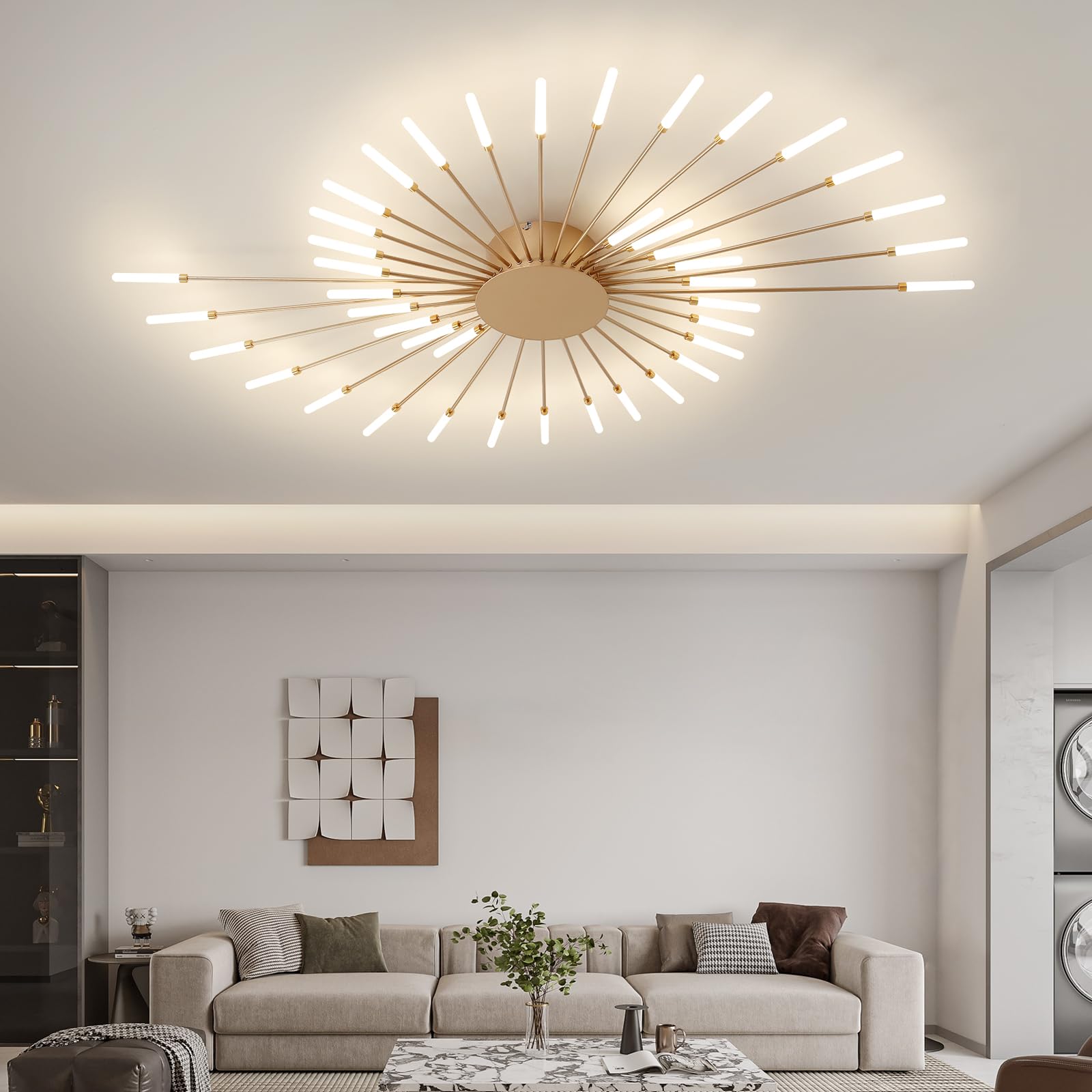 Ziidoo Modern Ceiling Light  42 Lights Metal Firework Designed Chic Led Lighting Fixture For Farmhouse Kitchen Dining Room Bedroom Hallway Living Room (Gold And Dark Gold)