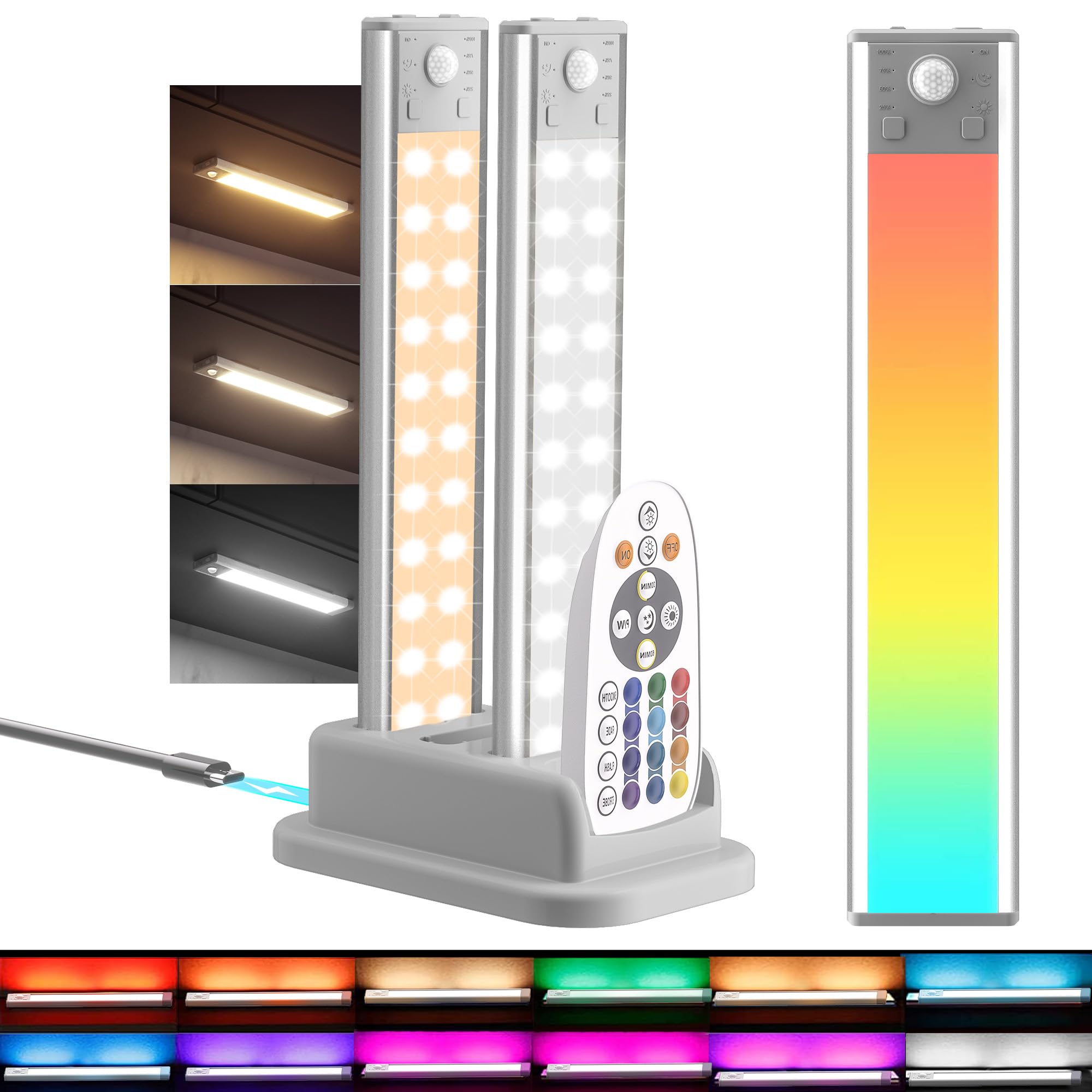 Hopedone Under Cabinet Lights with Charging Station, 24LED Dimmable Rechargeable Motion Sensor Light Indoor with 15 Color Temper