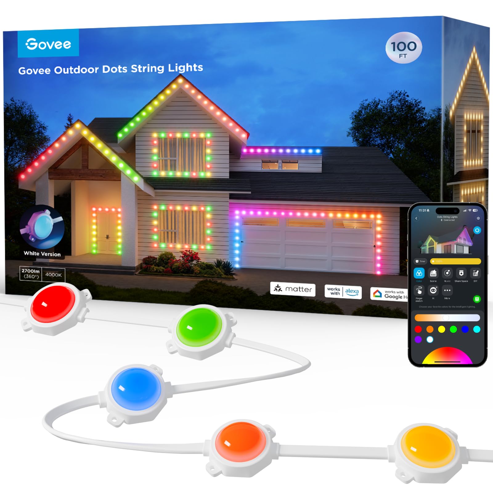 Govee Outdoor Dots String Lights, Connected 2 Ropes Of 50Ft(100Ft), 90 Smart Rgbic Led Lights, 65 Scene Modes, Ip65 Waterproof,