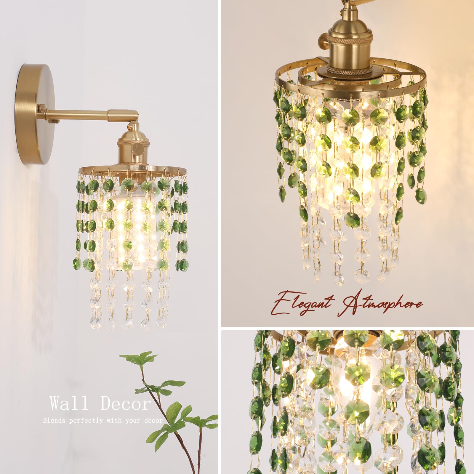 Shenmoyl Crystal Wall Sconce Set of 2, Rechargeable, Dimmable, 5400mAh Battery, Green-Gold Base, Modern Design for Bedroom & Bathroom