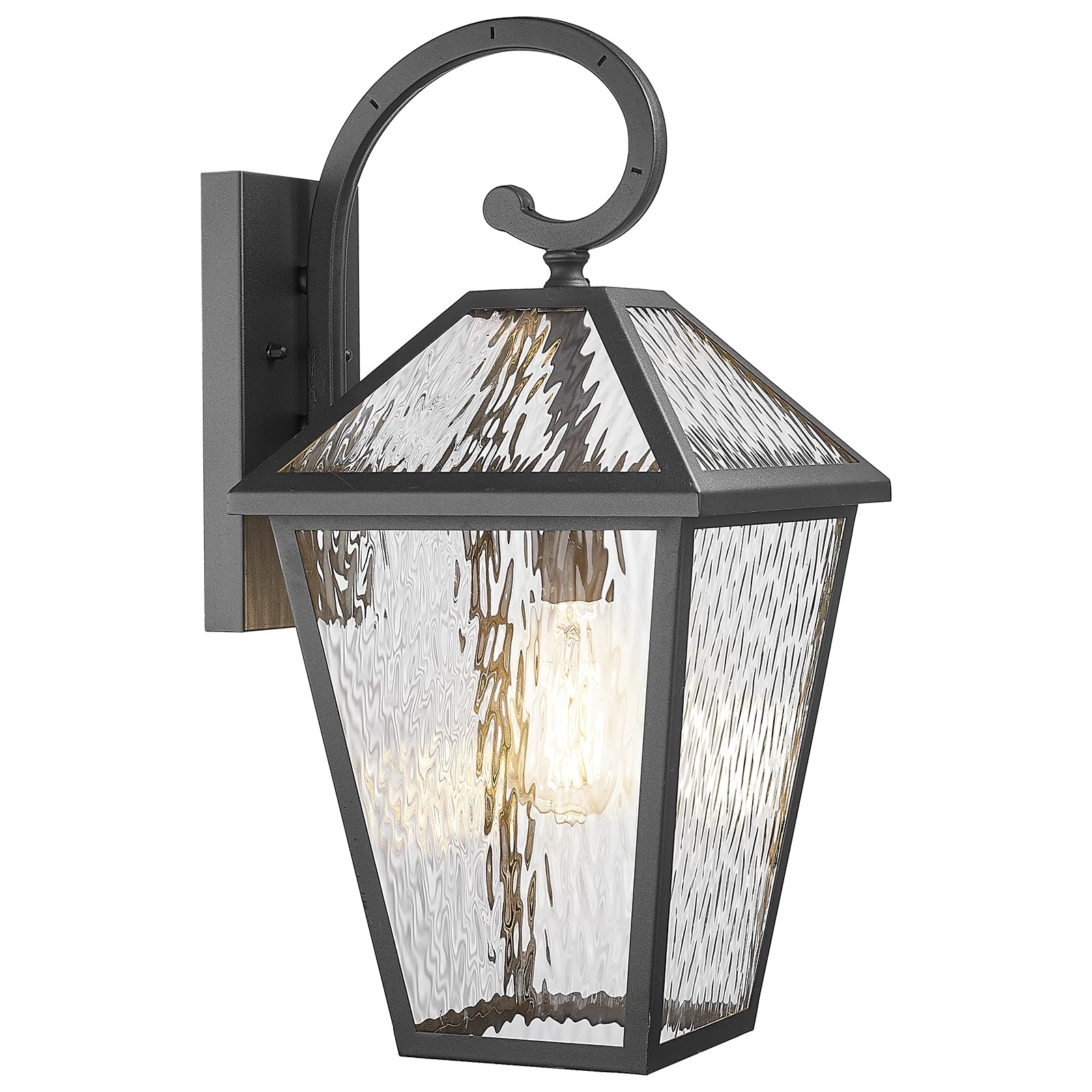 Luminzone Outdoor Wall Lantern, Waterproof, Large, Matte Black, Model 7H1B-M WH, Water Ripple Glass, 1 Pack