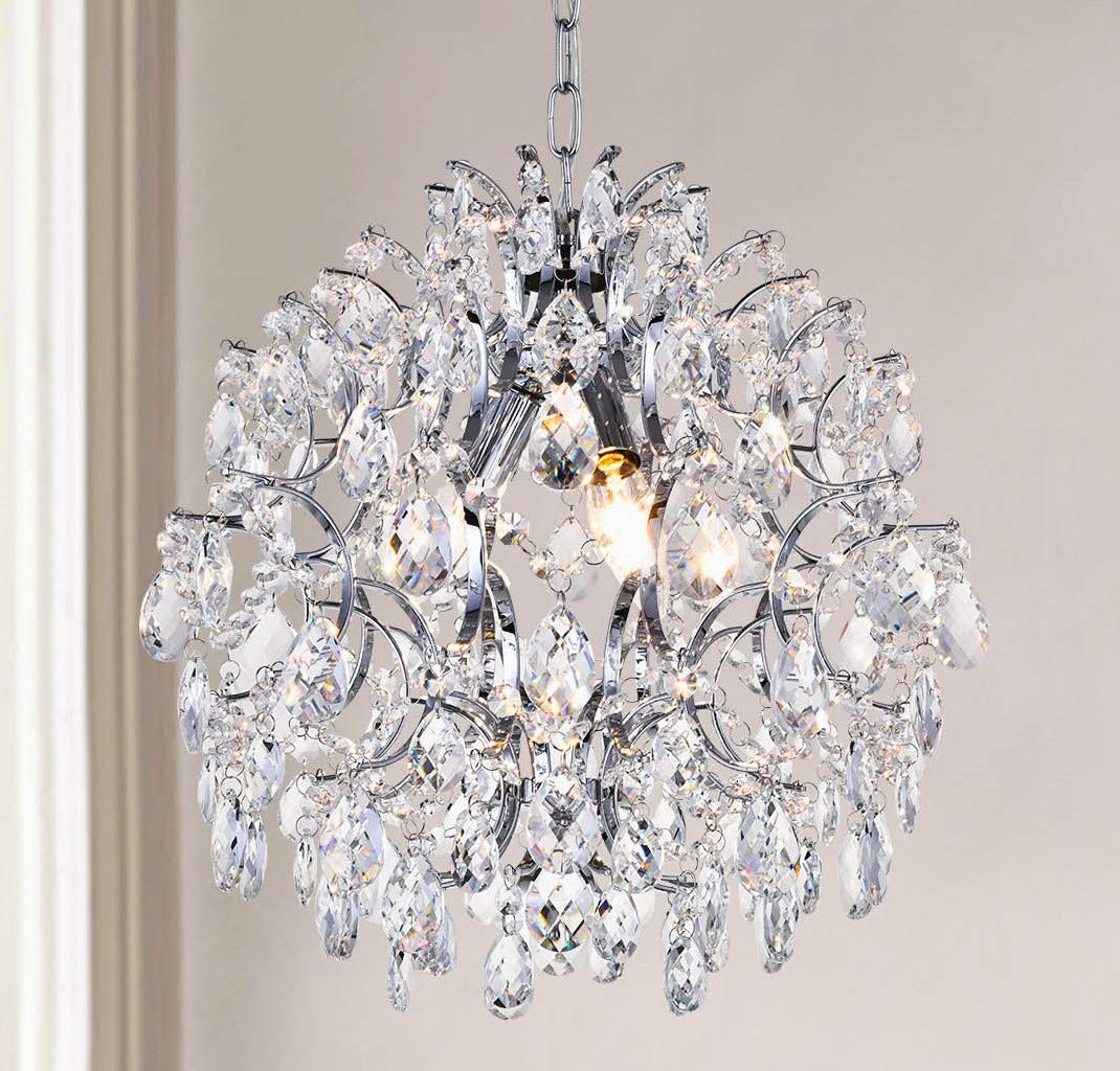 Bestier Modern Pendant Chandelier, Crystal Raindrop Design, 16" D x 18" H, Chrome Finish, 3 E12 Bulbs Required, Ideal for Dining Room, Bedroom,