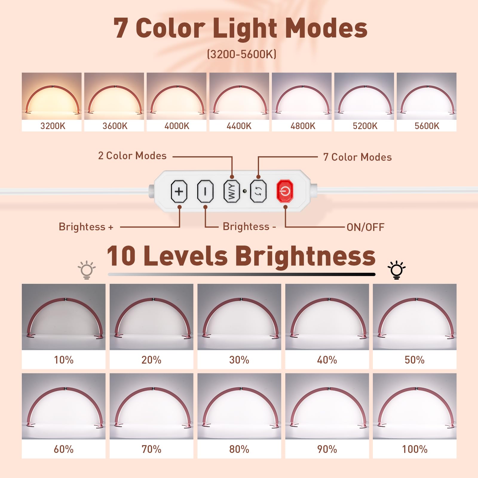 HITTI Half Moon Nail Desk Light with Phone Holder, Foldable, 7 Color Modes, 10 Brightness, Metal, Pink, Model MJBYL-Pink