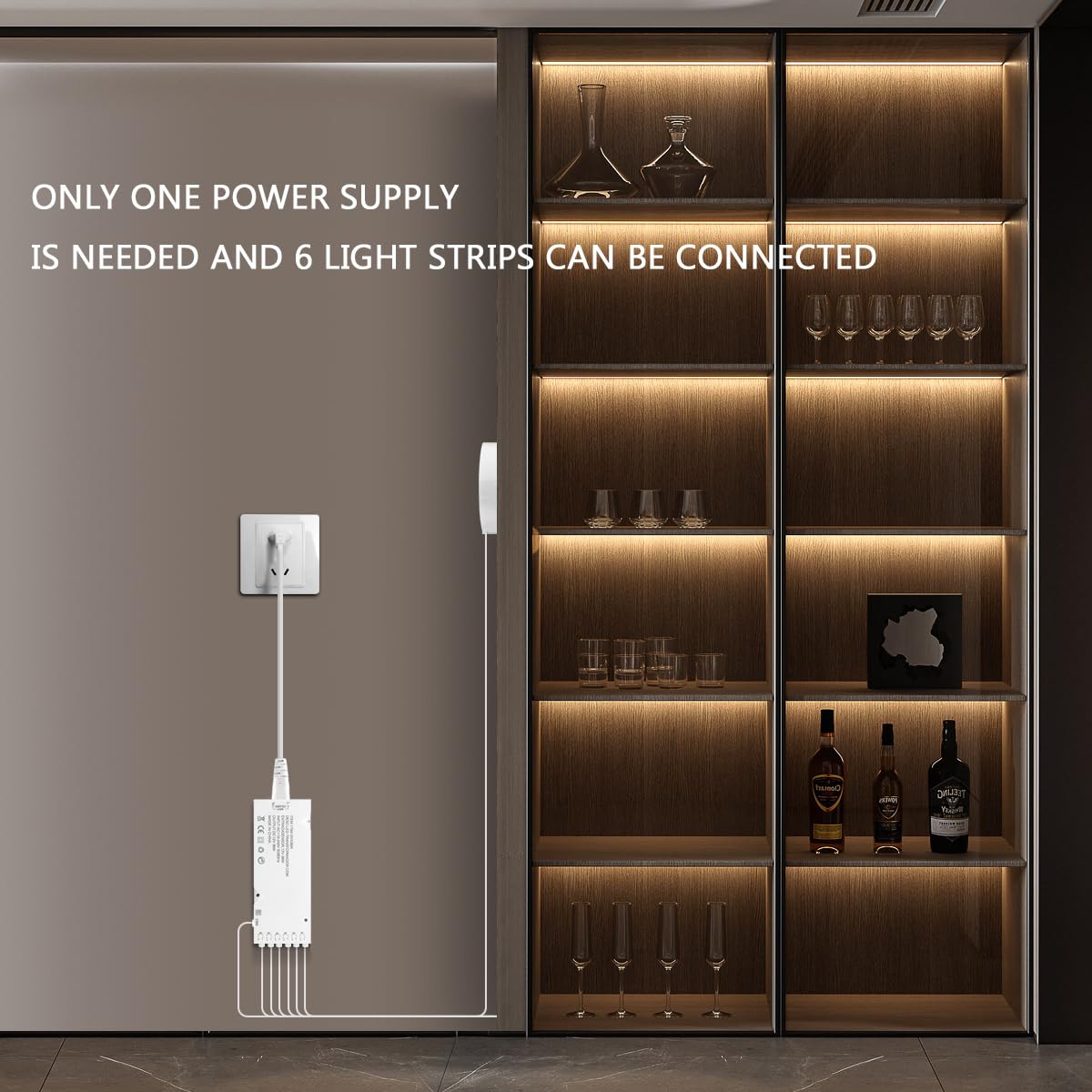 tlinkosta Cabinet Light COB LED Strip - Dimmable Touch Control, 6.6ft, White Light, 6-in-1 for Display Cabinets & Shelves