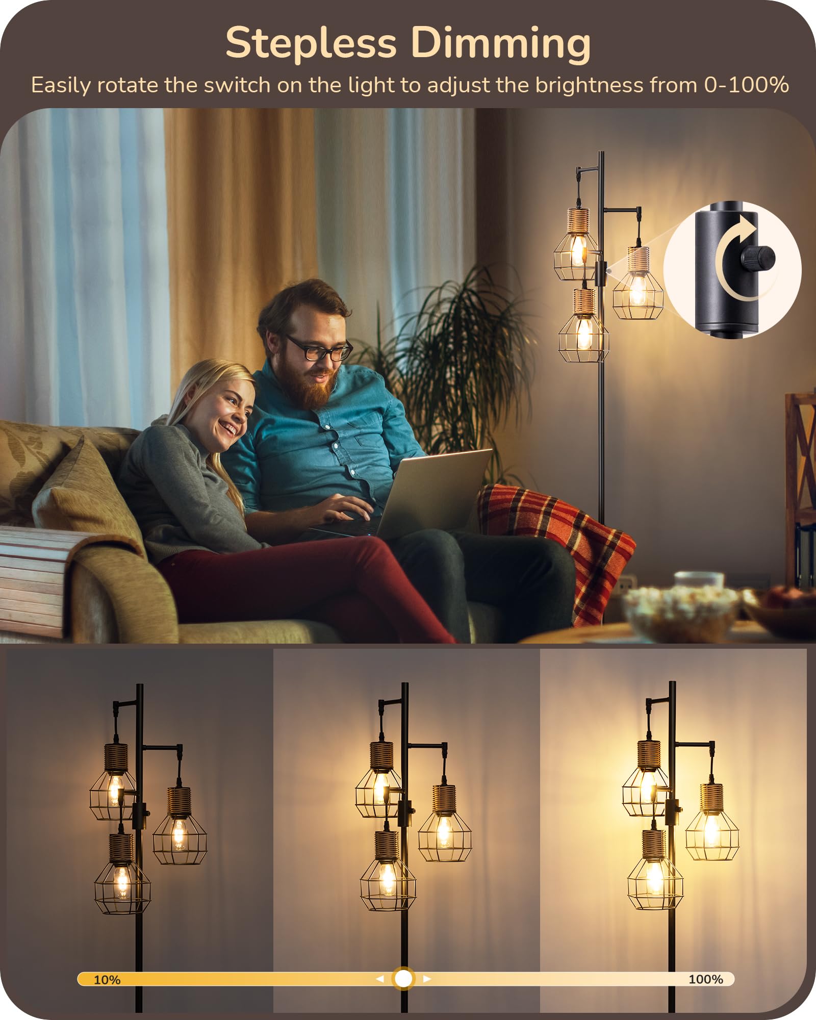 Edishine Dimmable Farmhouse Floor Lamp For Living Room, Industrial Black Standing Lamp With 3 Led Edison Bulbs, Corner Rustic Ra