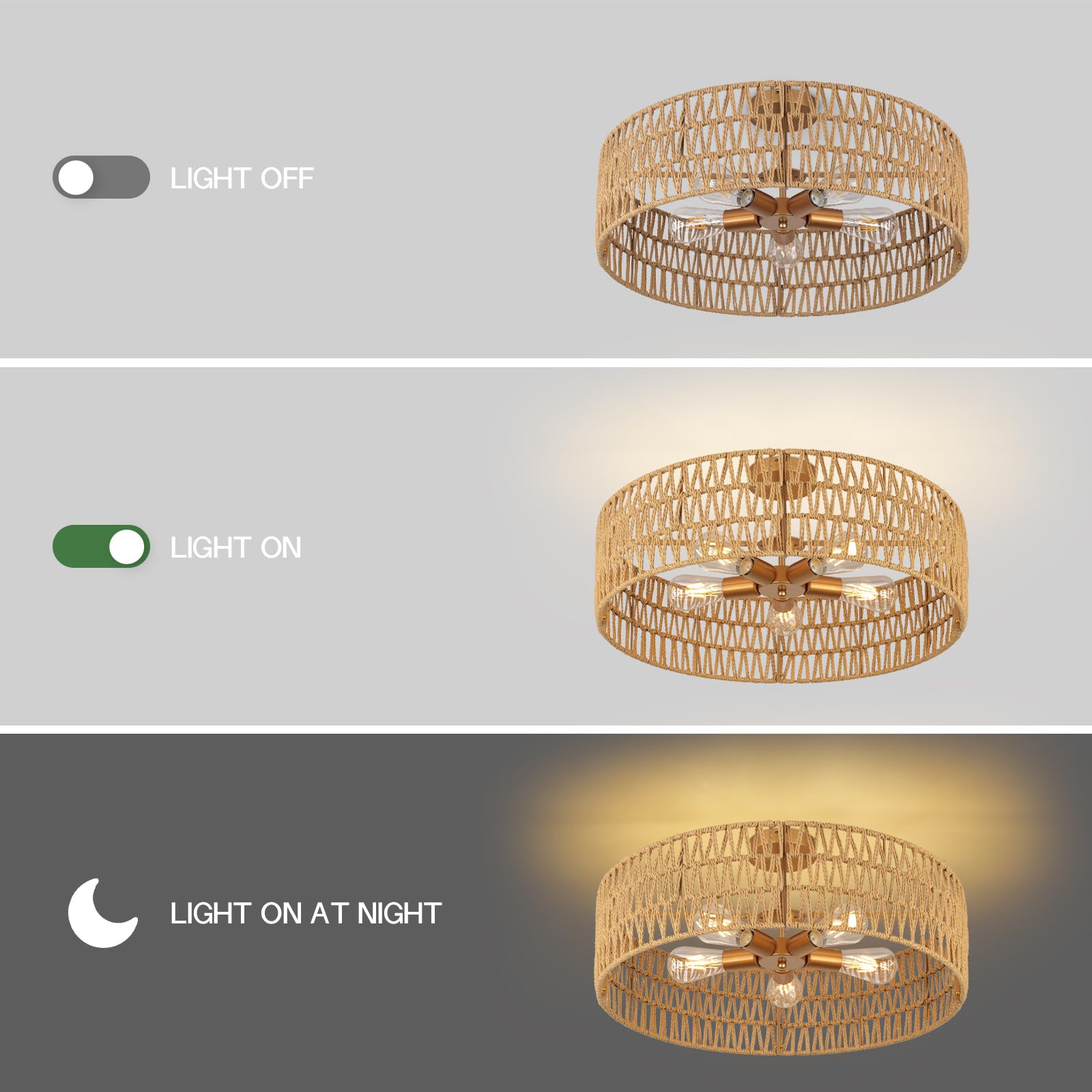 Clarsyne 24    Boho Hand-Woven Rattan Wicker Ceiling Light, Large Semi Flush Mount Chandelier Fixture, Rustic Lighting For Livin
