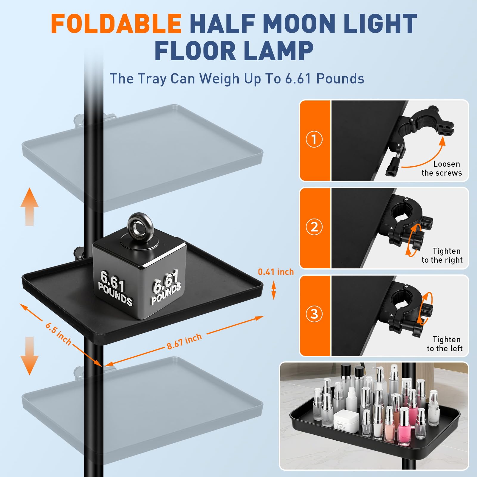 KIRKAS 21in LED Floor Lash Light, Black, Adjustable Brightness & Height, with Tool Tray, Model FS-550C FXTP-LDD MRD