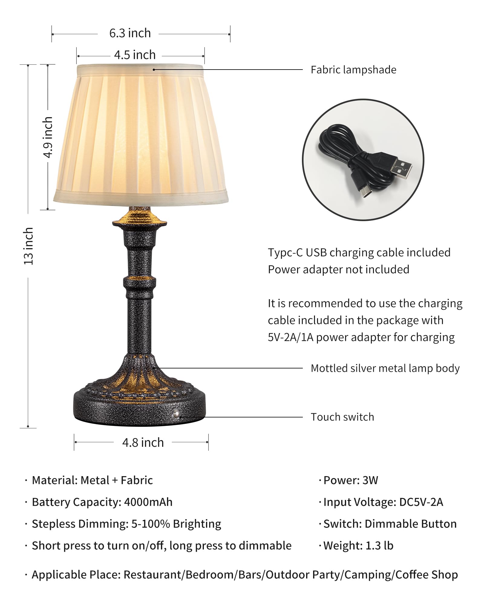 KDG Cordless Table Lamp Set of 2 - LED Fabric Shade, 4000mAh Battery, Dimmable Light, Mottled Silver