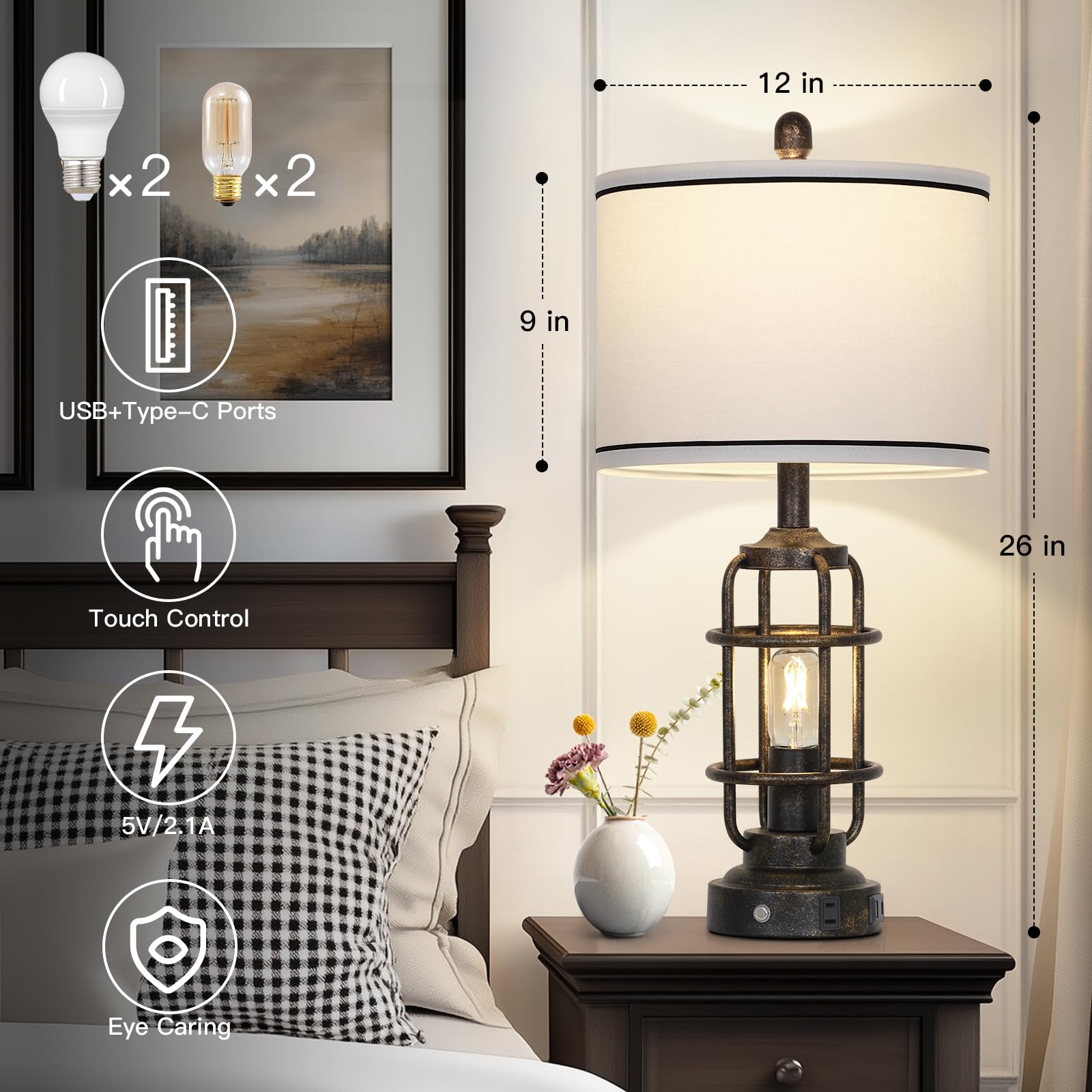 26'' Vintage Industrial Table Lamps Set Of 2, Farmhouse 3 Way Dimmable Touch Control Led Night Lights Table Lamp With Usb A+C Po