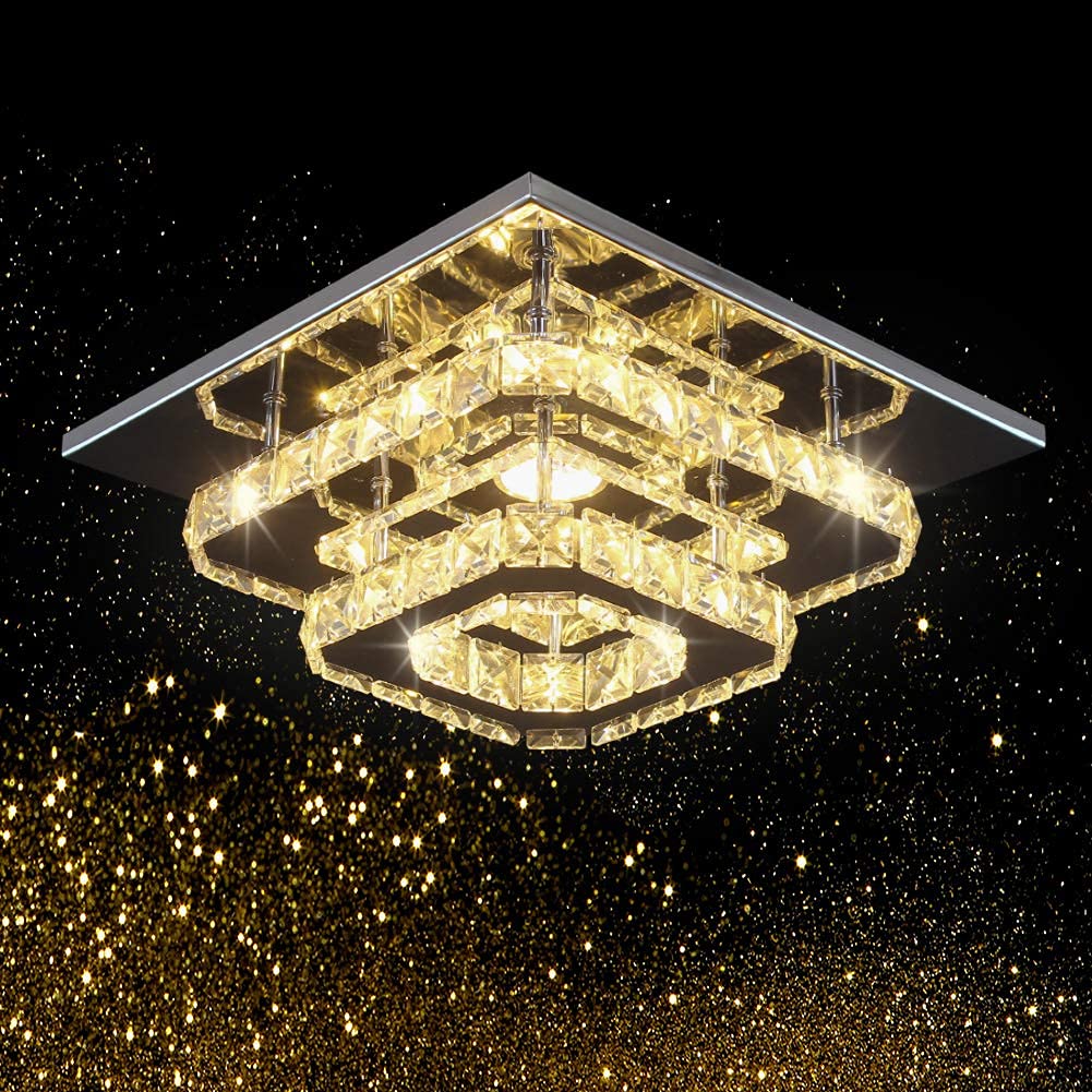 Finktonglan 9.8in Square LED Ceiling Light, Warm White 3000K, K9 Crystal & Mirror Stainless Steel, Model MC021