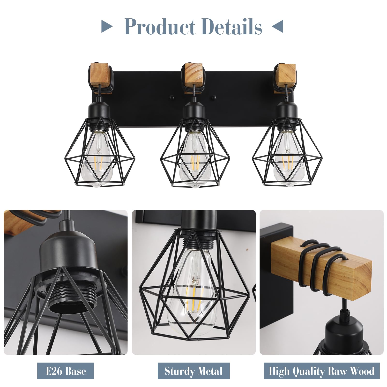 VbiTmn Farmhouse Vanity Light 3-Light Metal Black Wall Sconces for Bathroom, Living Room, Bedroom, Hallway VB021