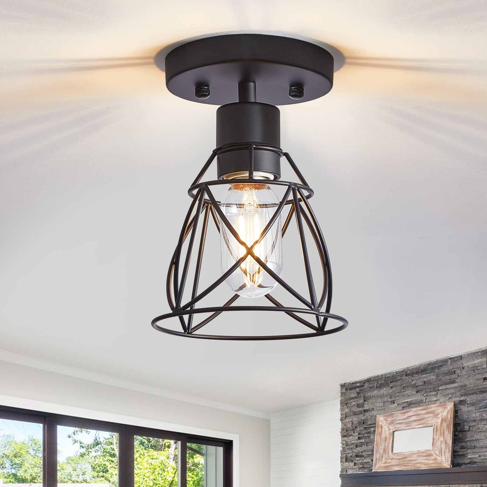 Hdasic 1-Light Farmhouse Semi Flush Mount Ceiling Light, Samll Matte Black Industrial Kitchen Lighting Fixtures Ceiling With Met