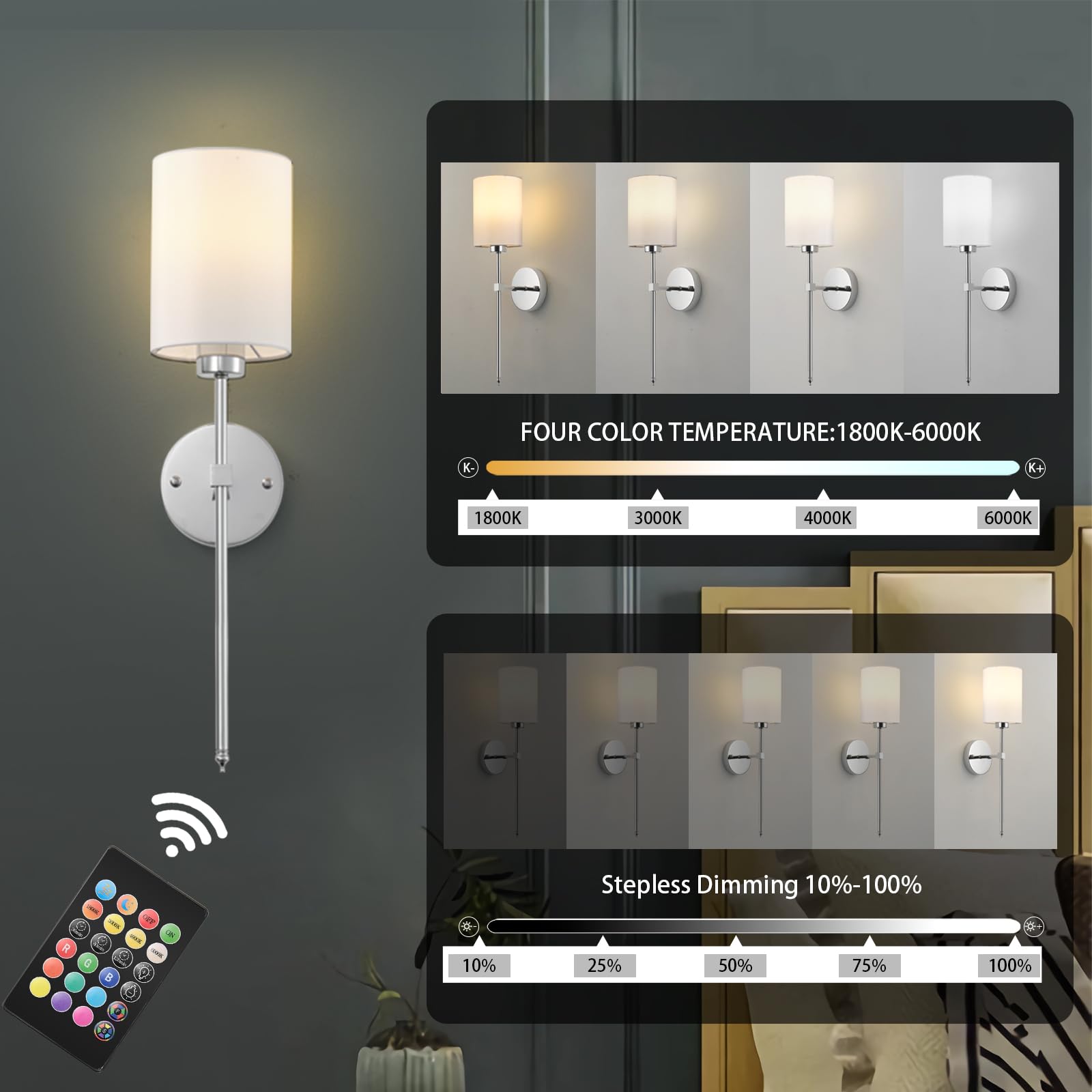 KARTOOSH Battery Operated Wall Sconce Set of Two, Wireless Rechargeable, Dimmable, 26.8 Inch, Chrome, Model ZM213BCM68-N1