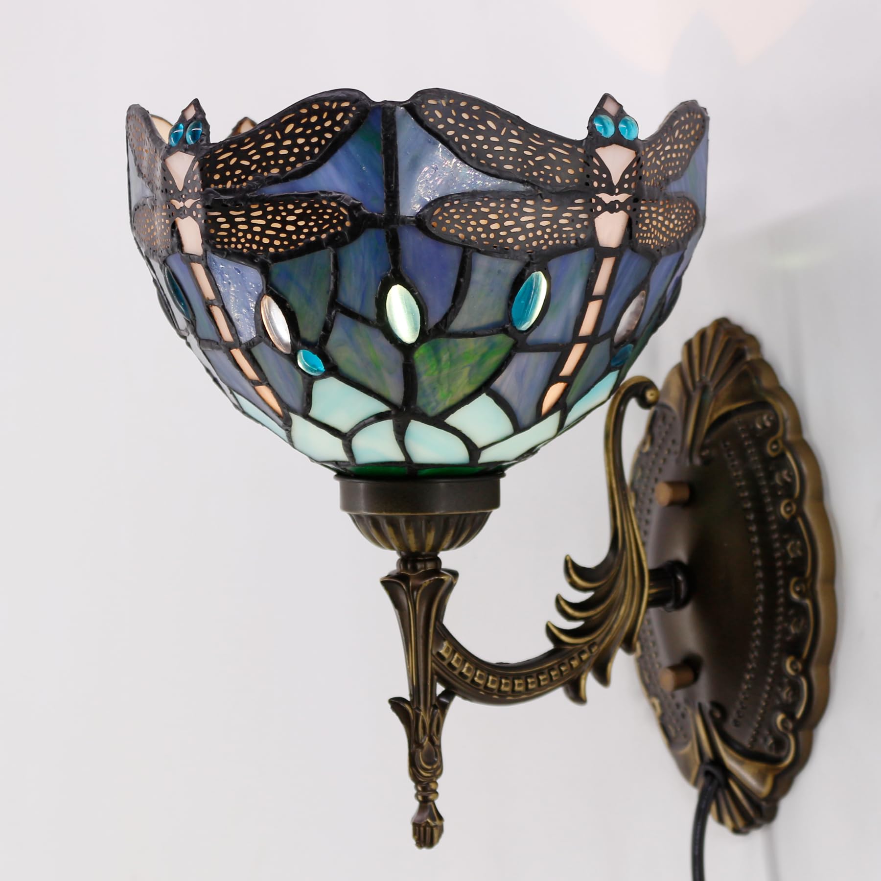 Avivadirect Tiffany Wall Sconce Lamp Plug In Or Hardwire Wall Light With 8 Inch Blue Dragonfly Stained Glass Lampshade 8X10.5X11