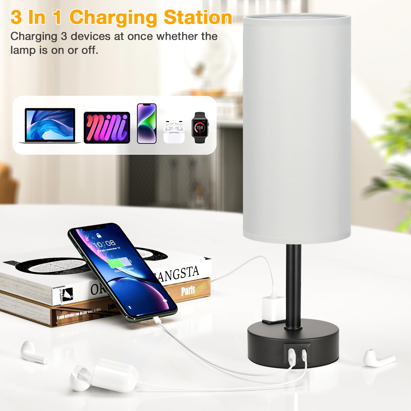 Grey Touch Table Lamps Set Of 2-3 Way Dimmable Bedroom Lamps For Bedside With Usb C And A Ports, Small Nightstand Lamps With Ac