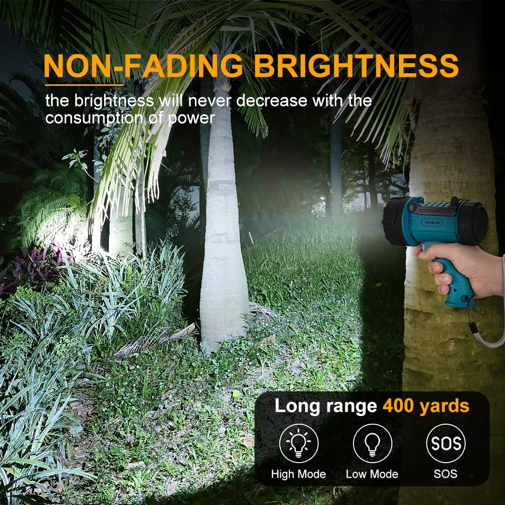 Yierblue Rechargeable Spotlight With Super Bright High Lumen Led, Ip67 Waterproof Handheld Flashlight Searchlight With Detachabl