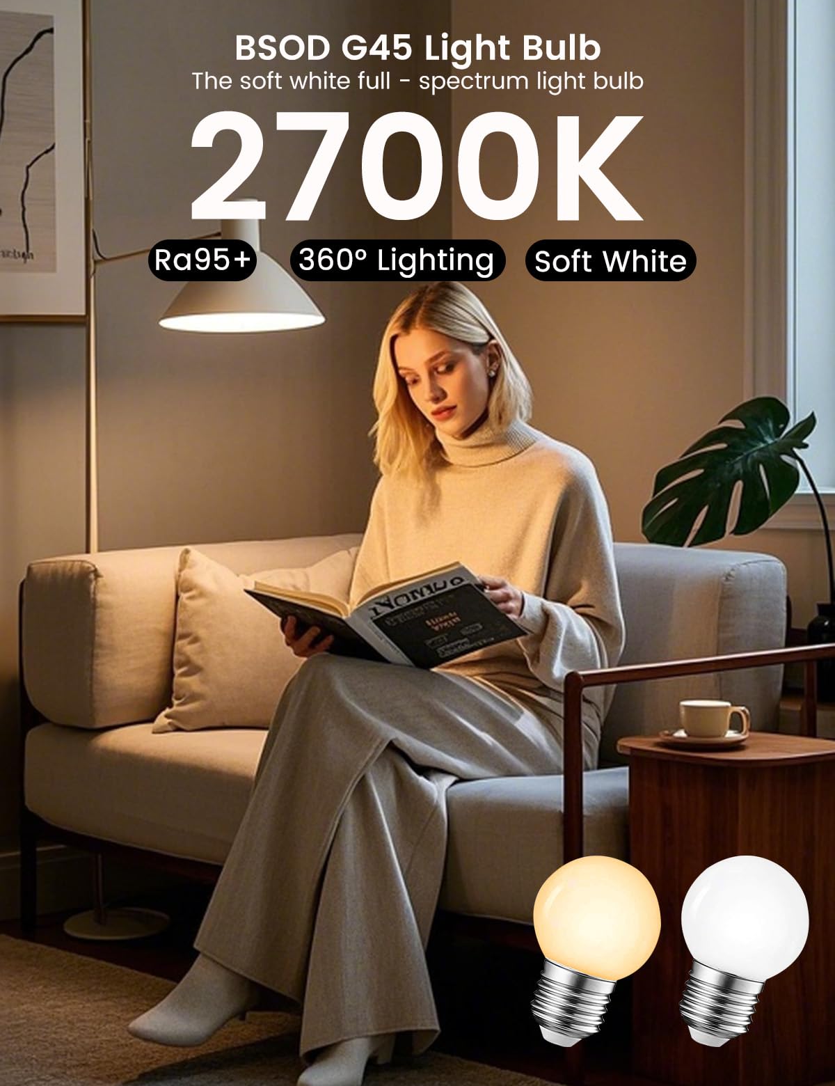 BSOD Warm Light Bulb - Full Spectrum 2700K LED G45, 5W Equivalent, Soft White Glass for Home, Plant, Freezer, Lamp (1 Bulb)