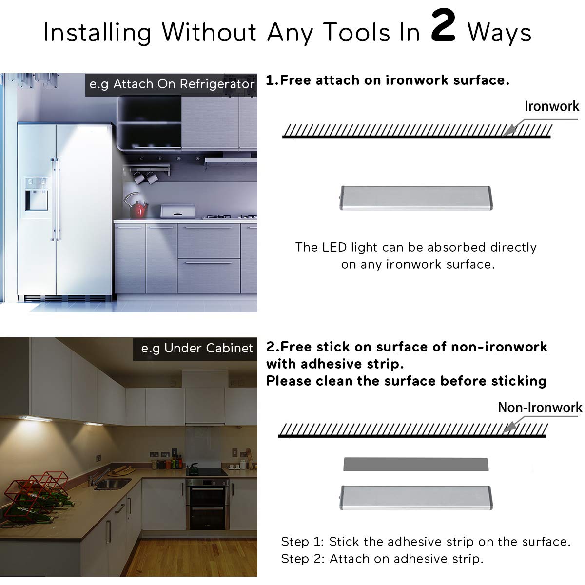 Lepotec Stick On Cabinet Light, 10 Led Motion Sensor Under Counter Light, Usb Rechargeable, Silver Warm White, Model W20Led-3, 2 Pack