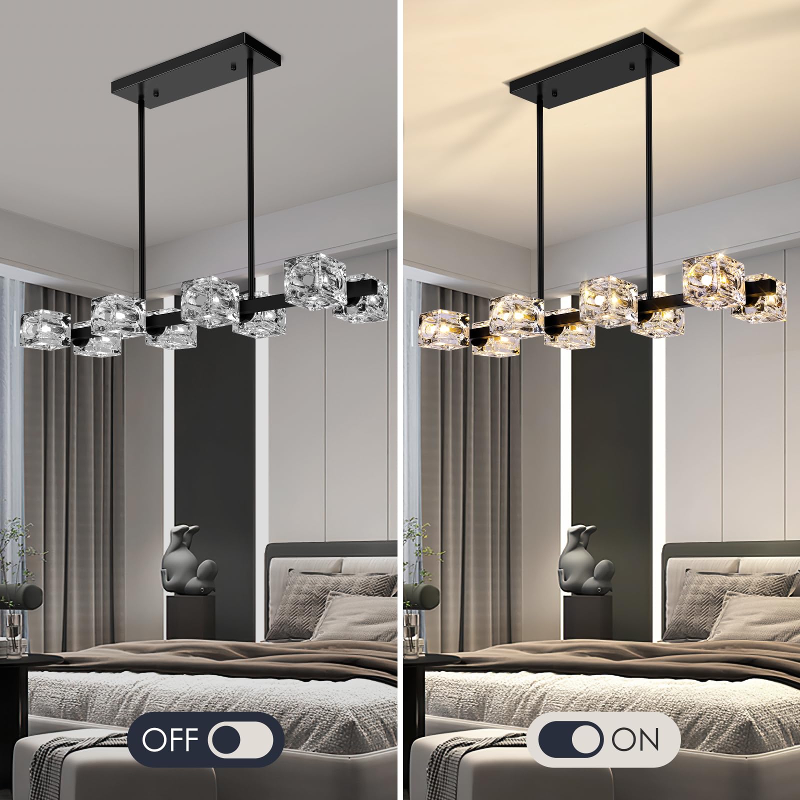Black Chandeliers For Dining Room, Modern Crystal Pendant Lights Fixture With Cube Shade, 8-Lights Farmhouse Hanging Dining Ligh