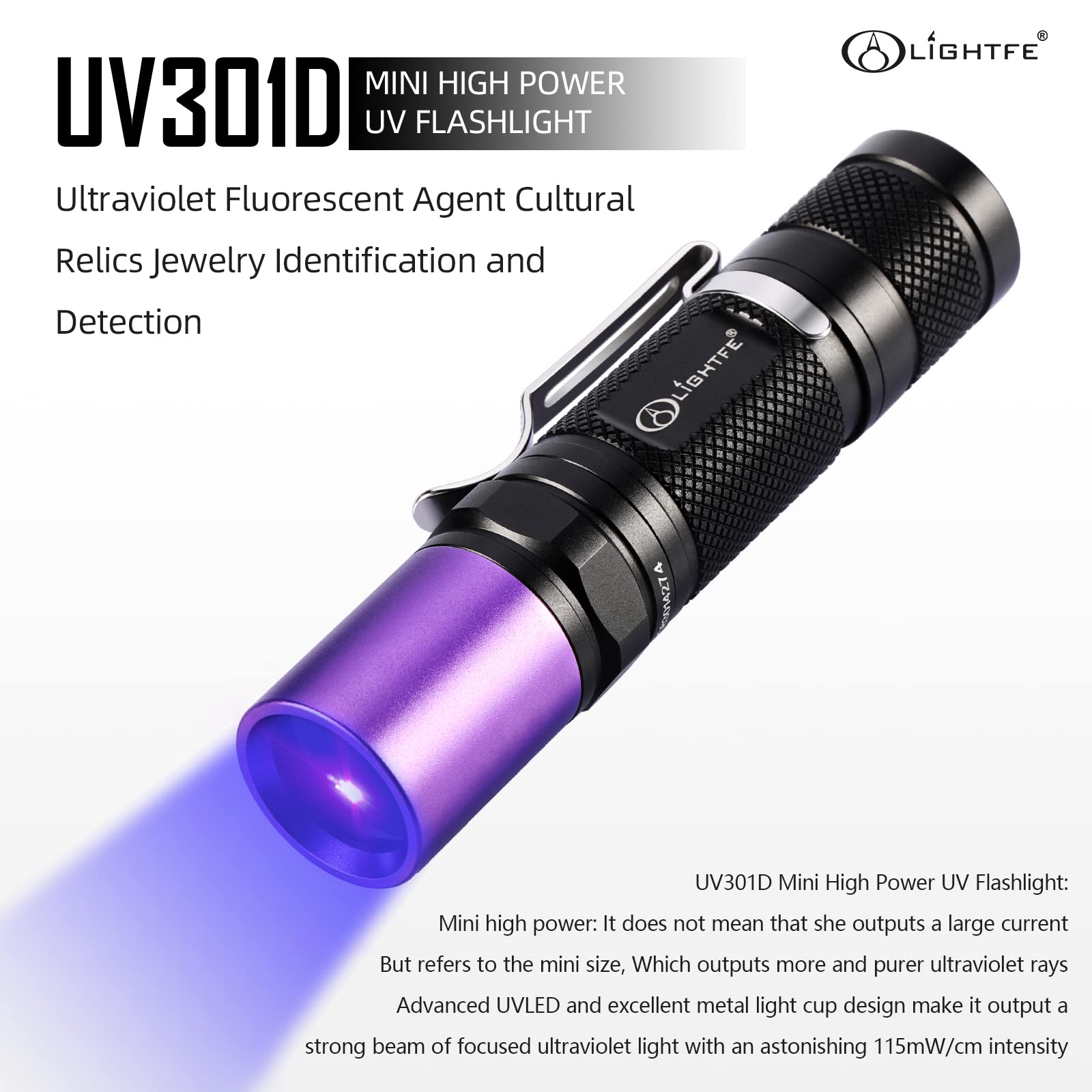 Lightfe Black Light Uv Flashlight 365Nm Blacklight Uv301D With Lg Led Source,Black Filter Lens, Max.3000Mw High Power For Resin Glue Curing Light, Rocks And Mineral Glowing,A/C Leak Detector