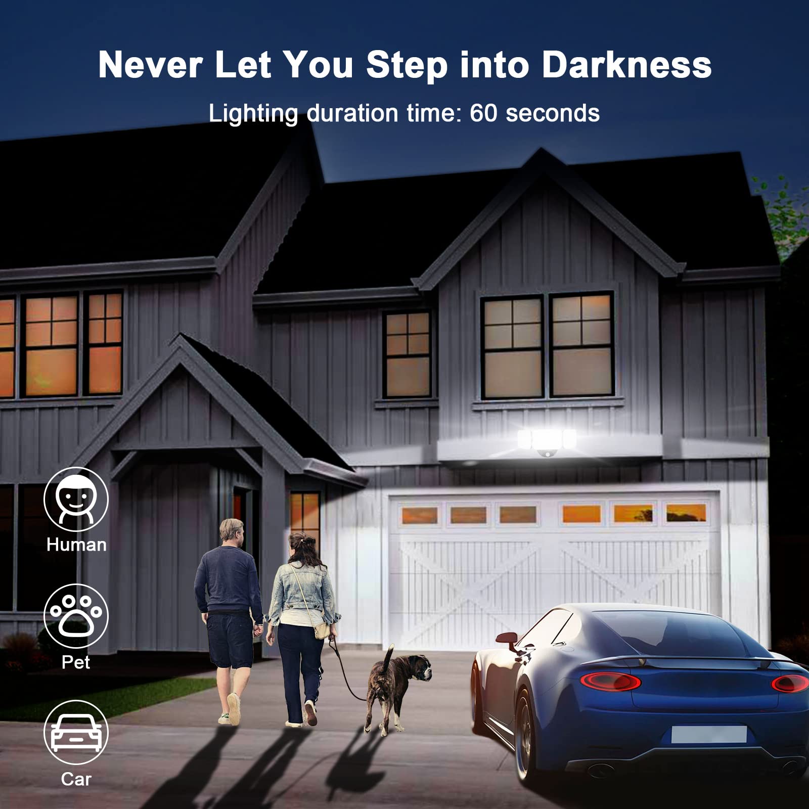 EMANER Outdoor Motion Sensor Floodlights, 4500lm, 3-Head, Dusk to Dawn, 2-Pack, Black, Model EMR-8020